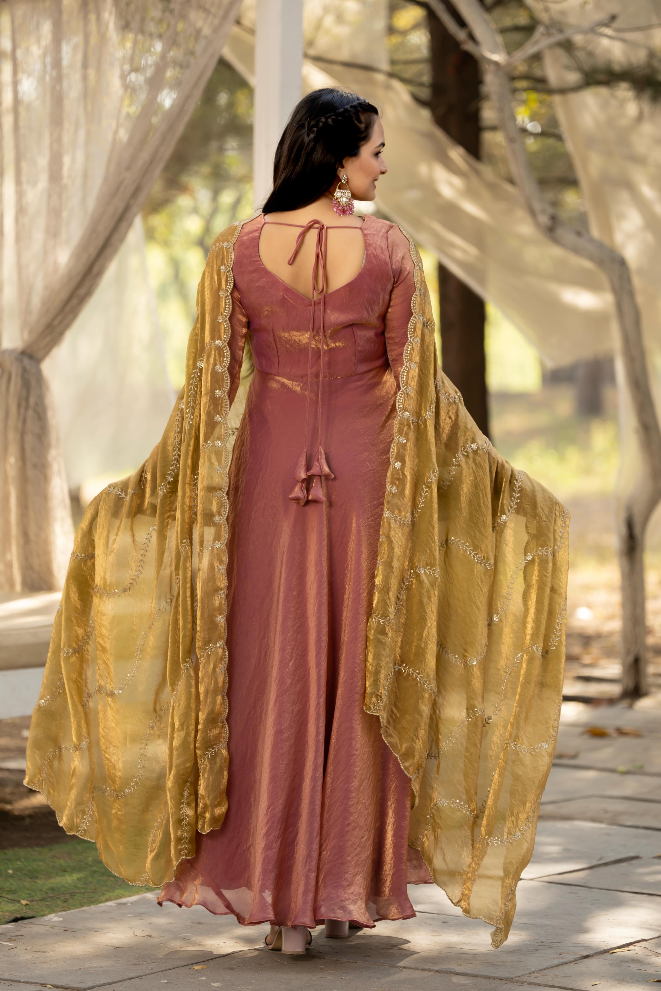 Rose Gold Pure Space Silk Anarkali Long Gown