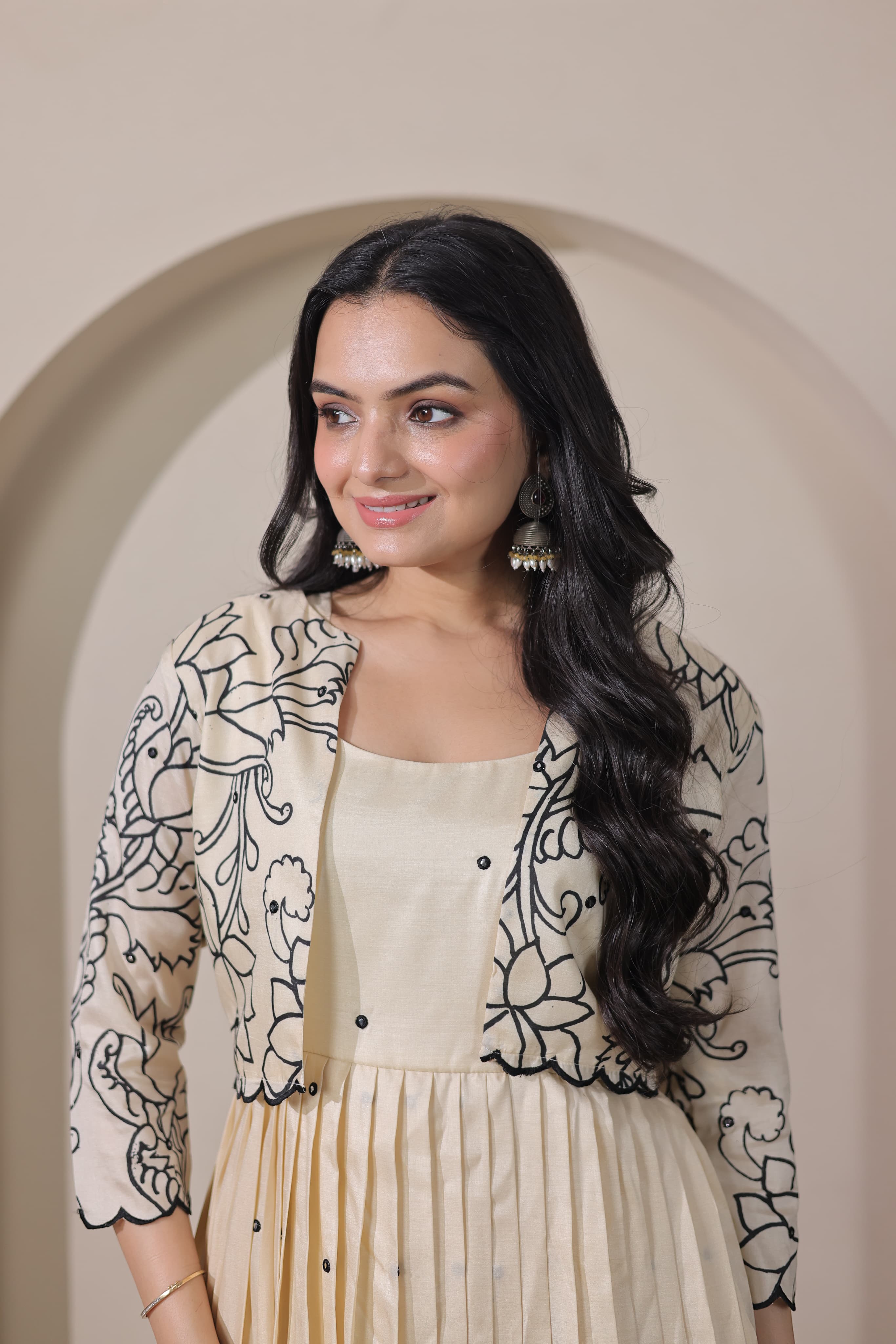 Cream Pure Tussar Silk Kalamkari Print Long Gown