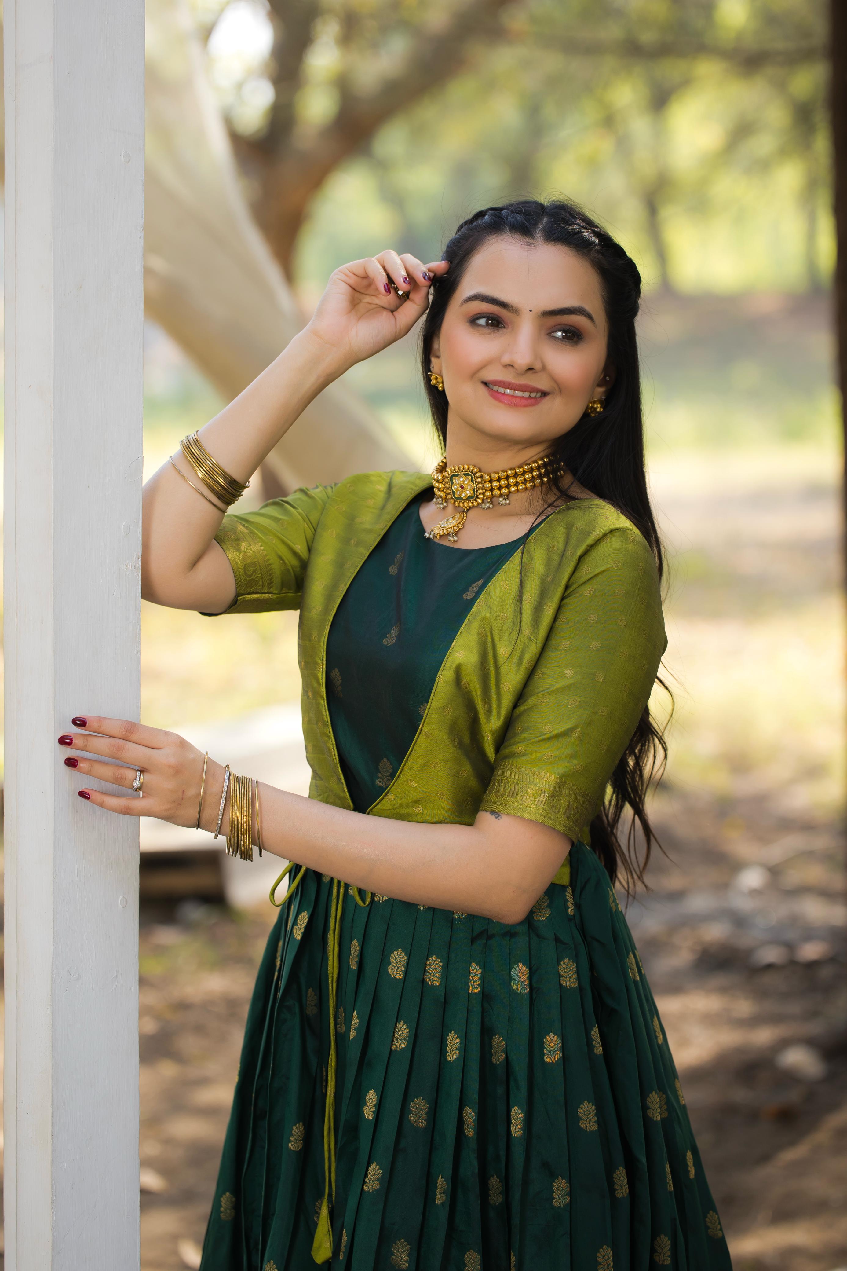 Green Pure Silk Blend with Jacket Long Gown