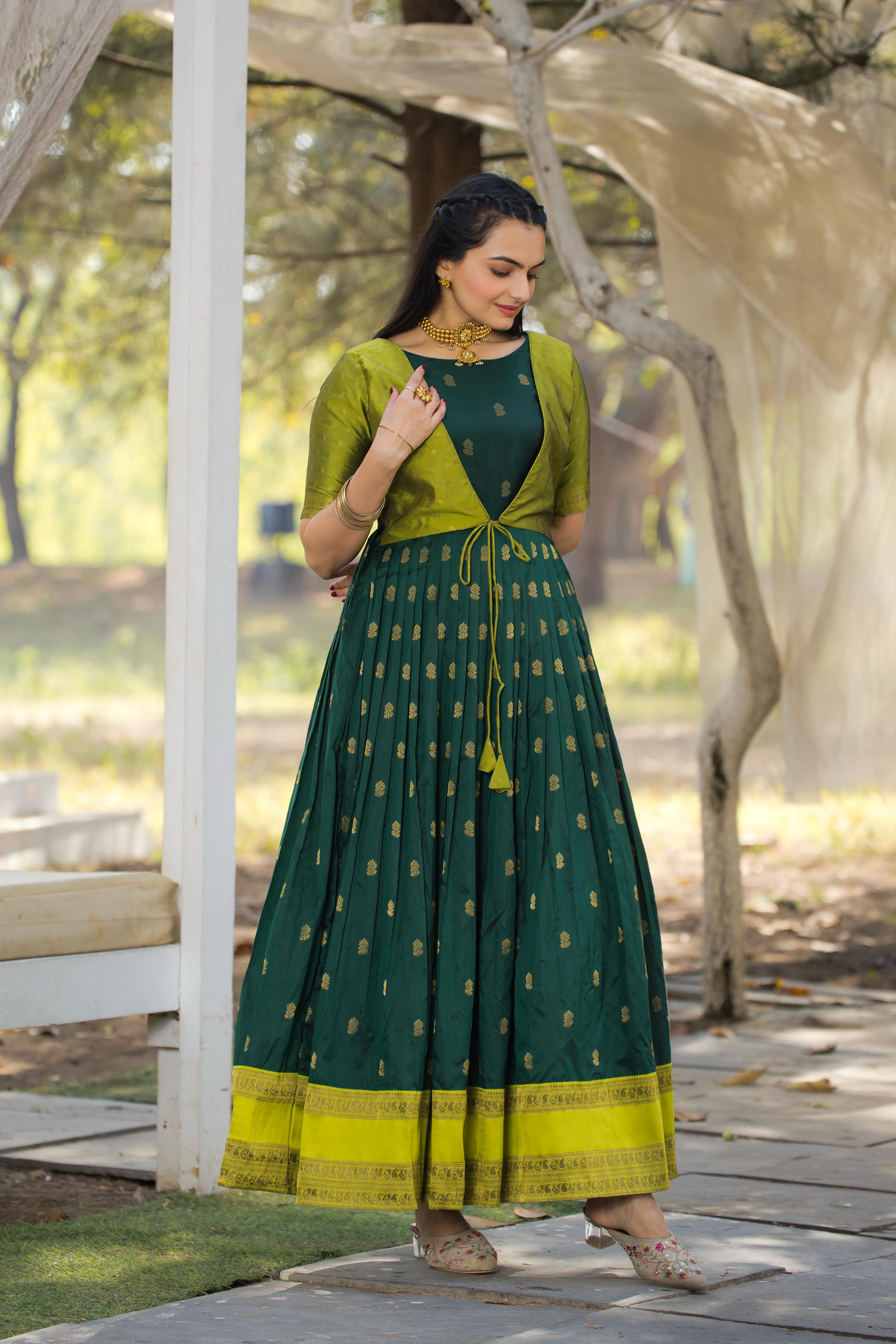 Green Pure Silk Blend with Jacket Long Gown