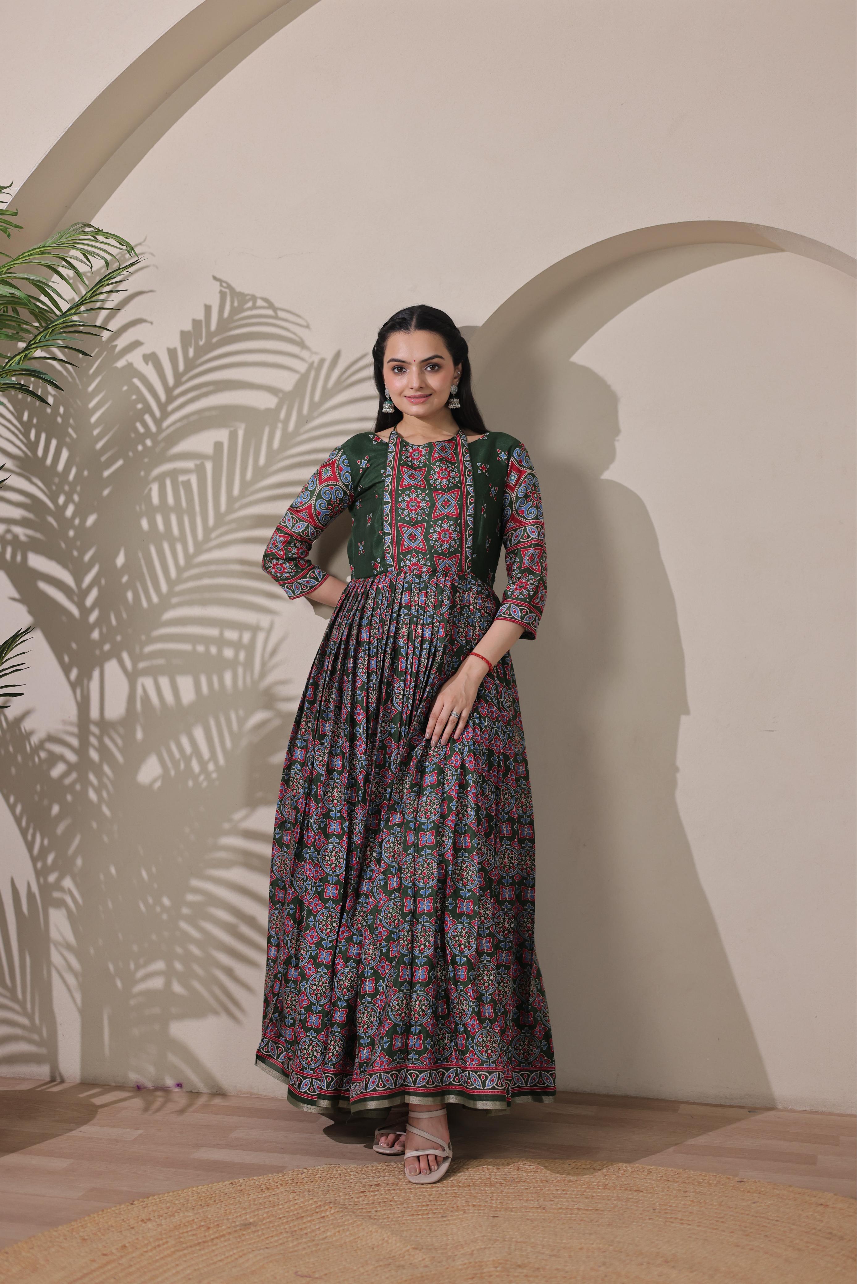 Green Pure Silk Blend with Jacket Long Gown