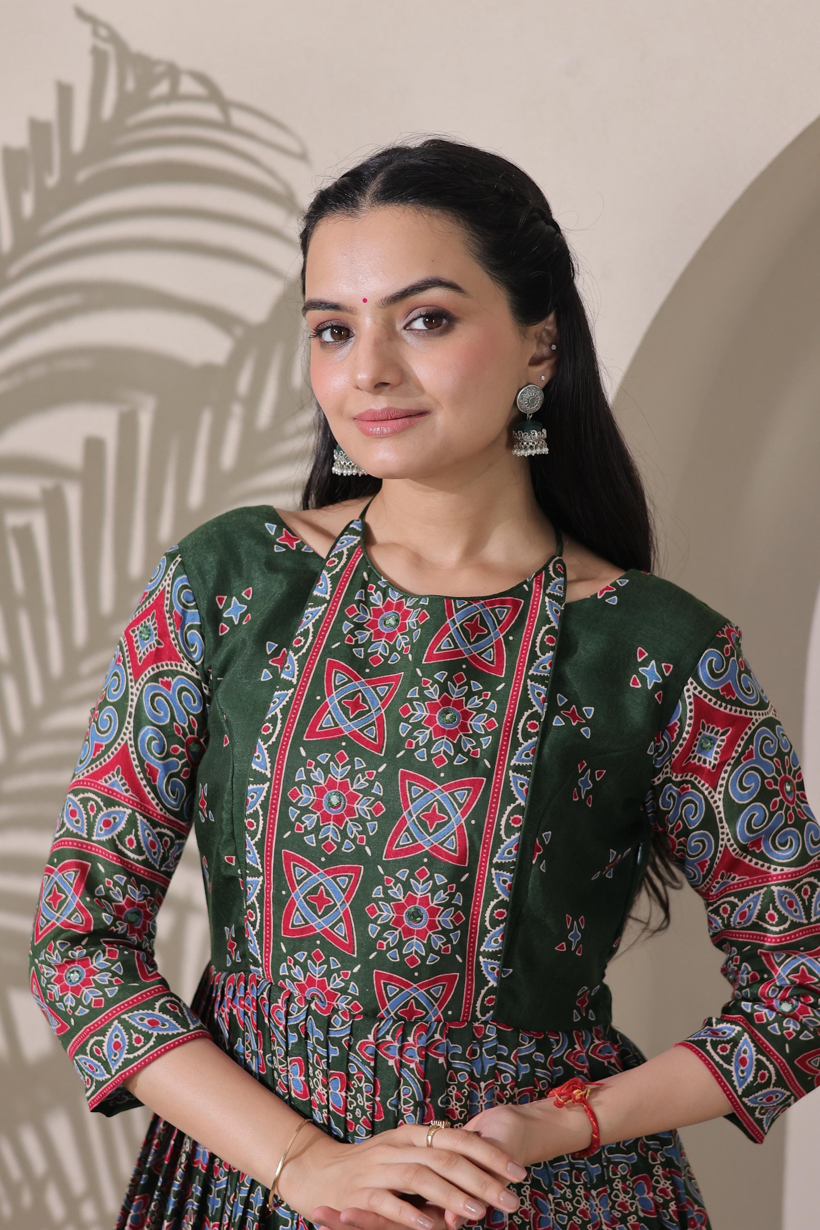 Green Pure Silk Blend with Jacket Long Gown