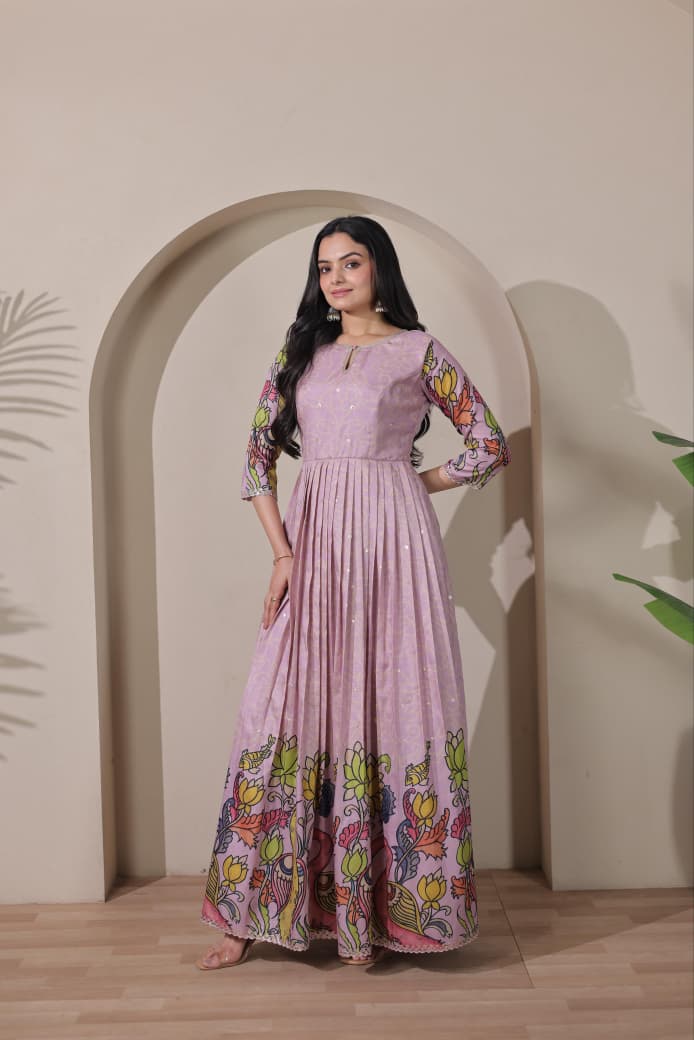Peach Pure Silk Blend Kalamkari Print Long Gown