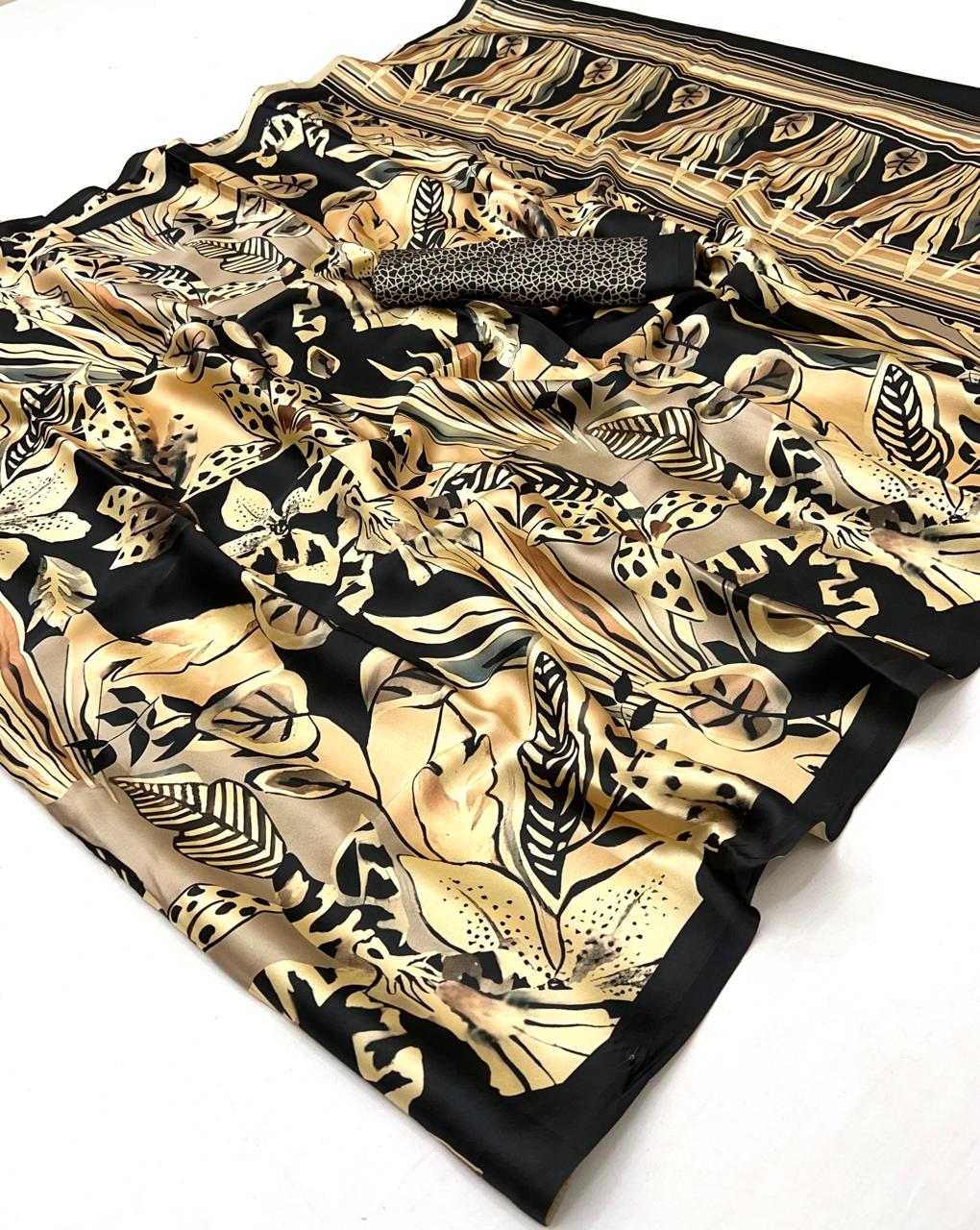 Black Pure Soft Crepe Satin Digital Printed Saree