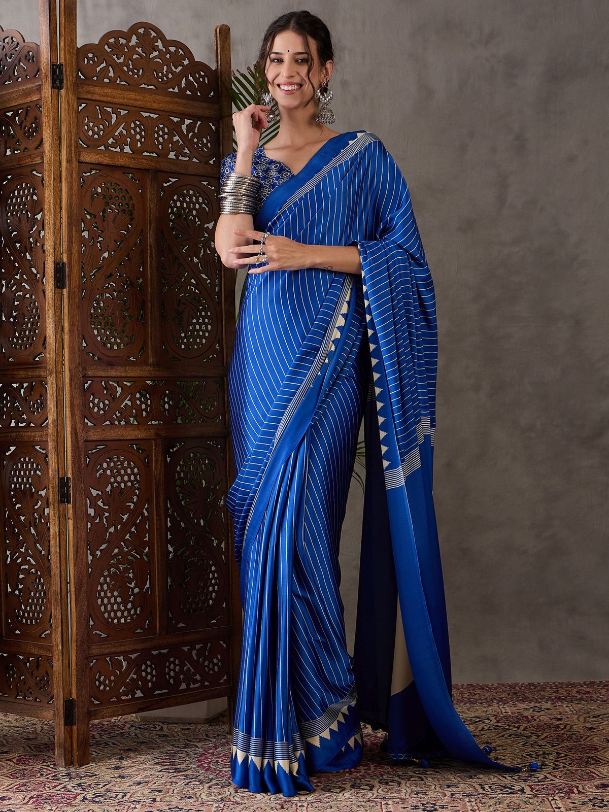 Blue Printed Satin Gaji Silk Saree