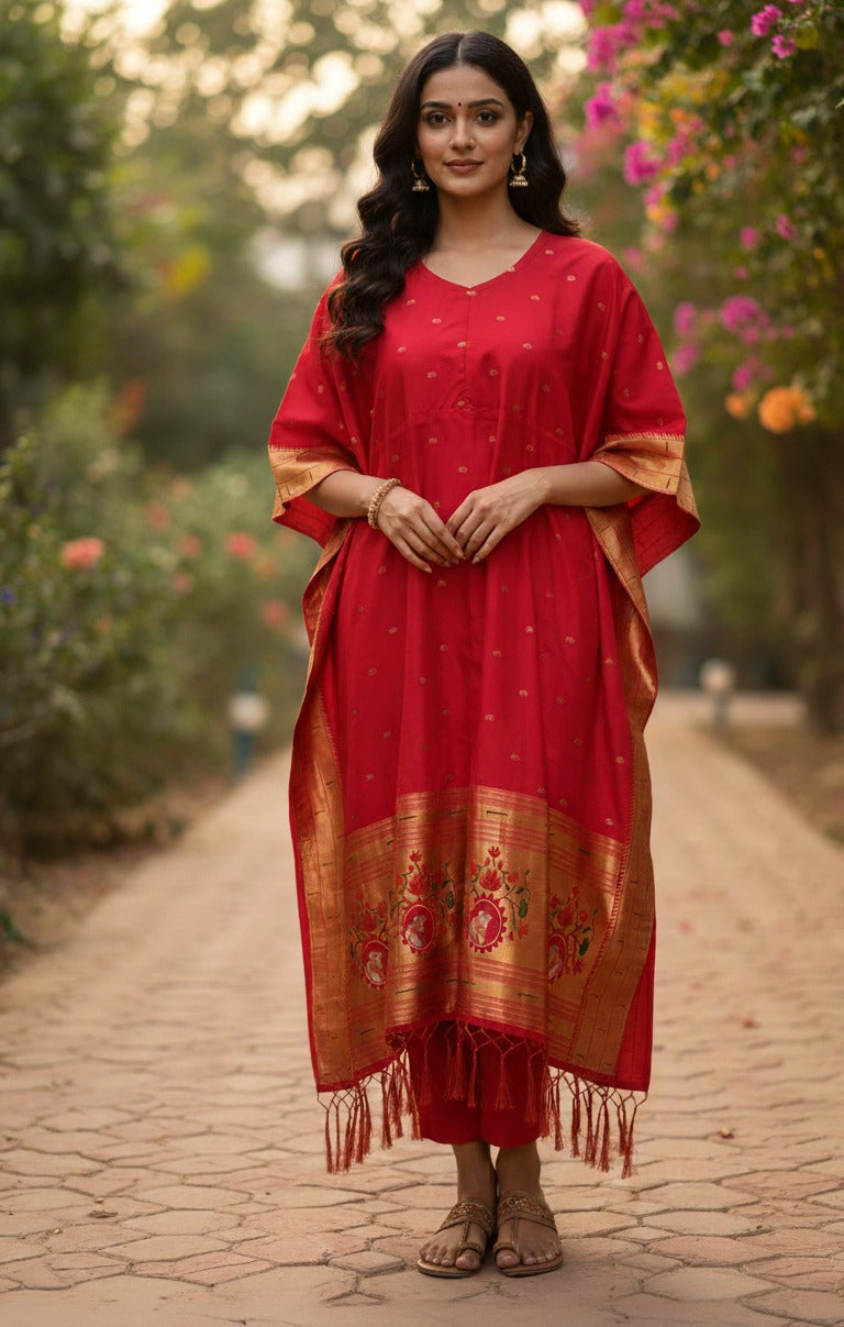 Red Pure Soft Soft Silk Paithani Kaftan