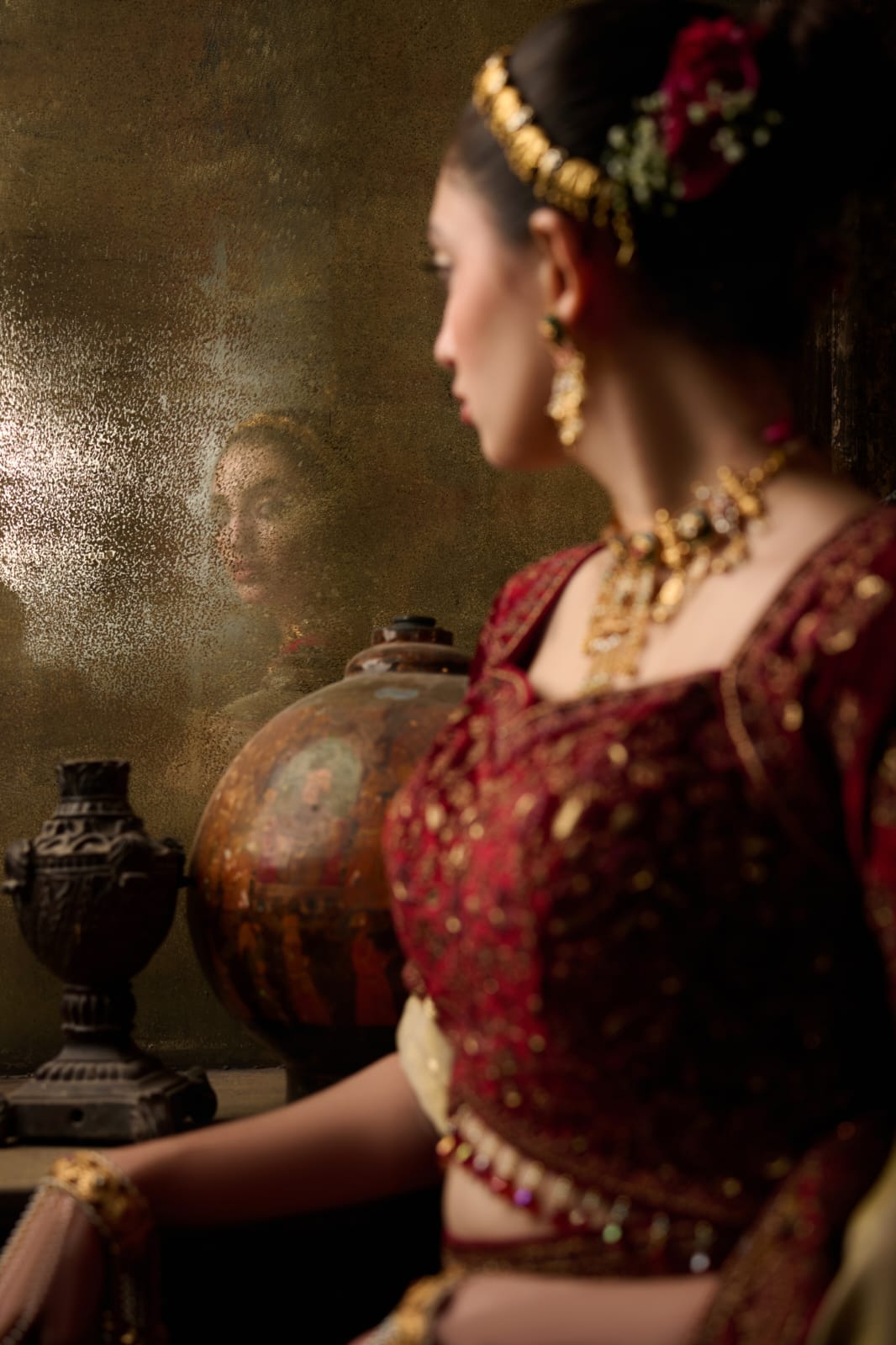 Red & Antique Gold Royal Bridal Lehenga with Thread & Zari Embroidery