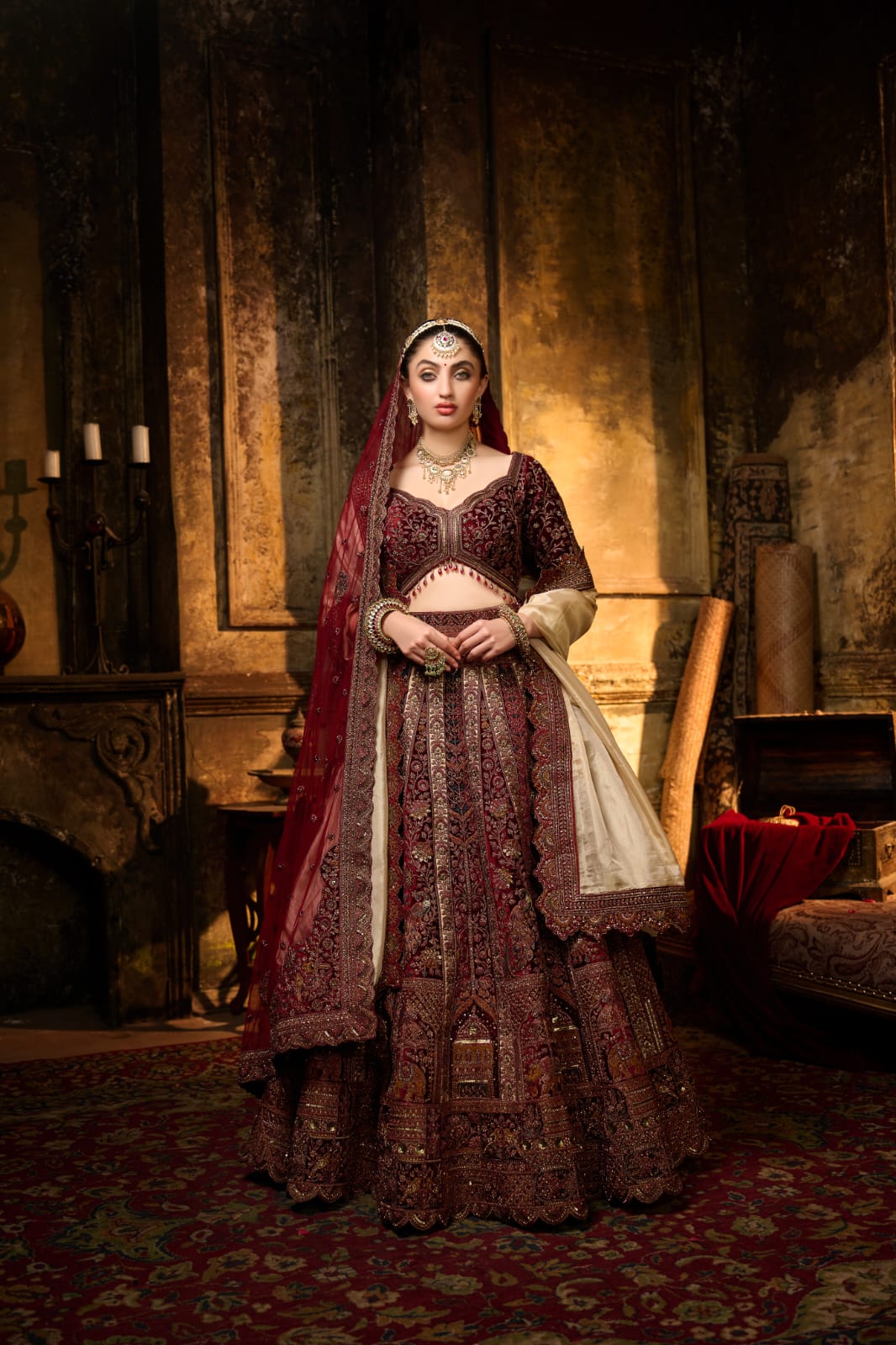 Burgundy & Champagne Gold Bridal Lehenga with Zardozi Embroidery