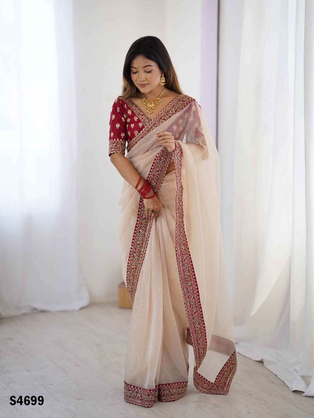 Cream Pure Soft Crush Banarasi Silk Saree