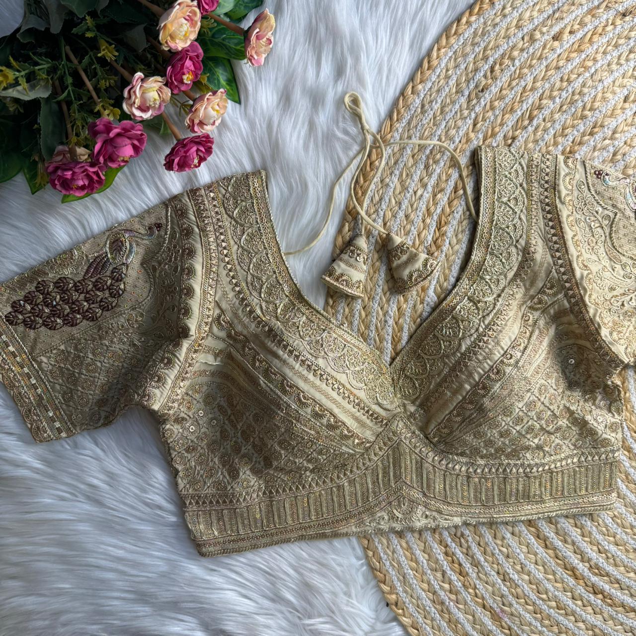 Readymade Pure Soft Roman Silk Heavy Gold Jari Work Bridal Blouse