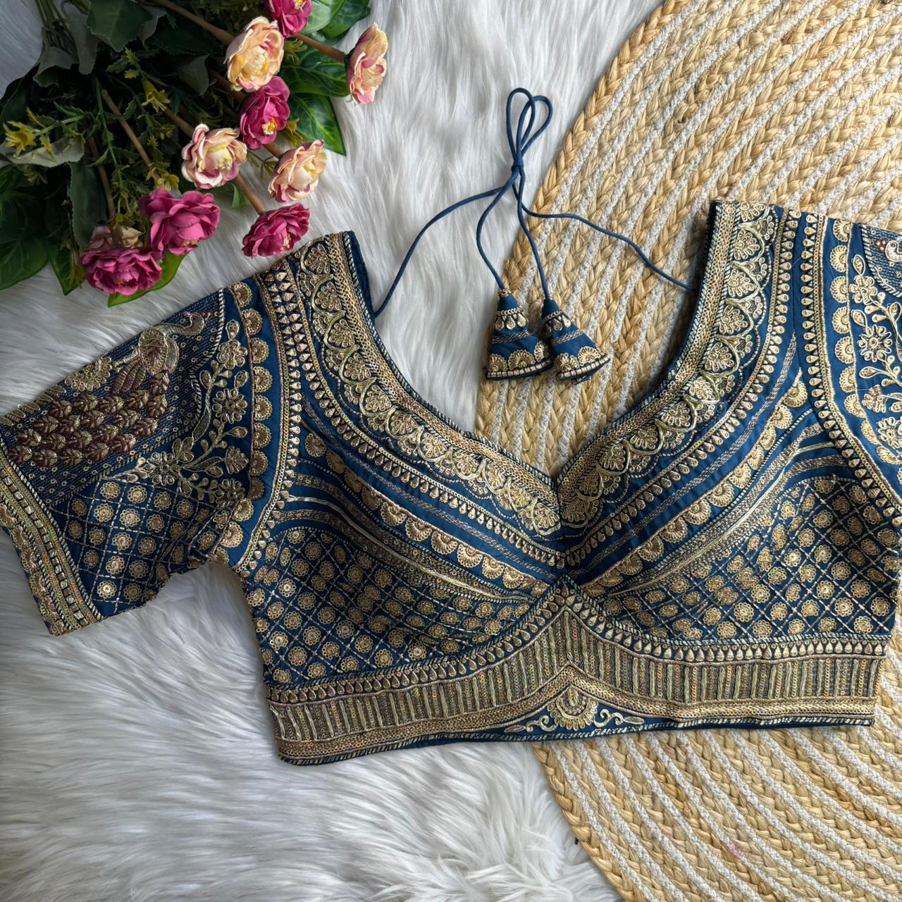 Readymade Pure Soft Roman Silk Heavy Gold Jari Work Bridal Blouse