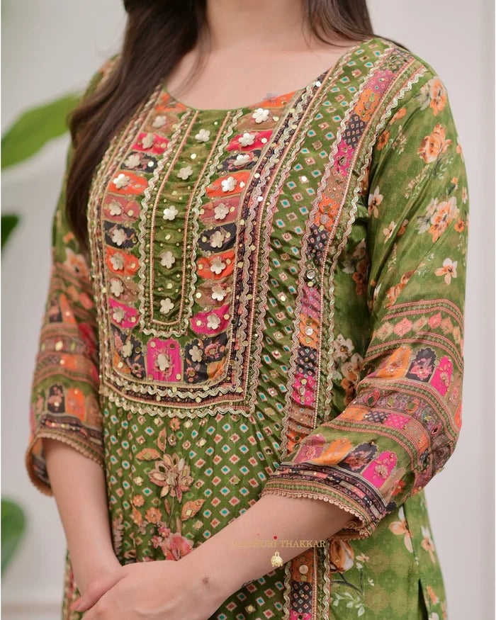 Green Pure Soft Muslin Print Heavy Embroidery Salwar Suit
