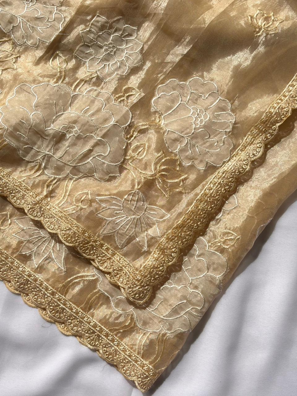 Yellow Pure Oris Silk with Lotus Embroidery & Cutwork Border Saree