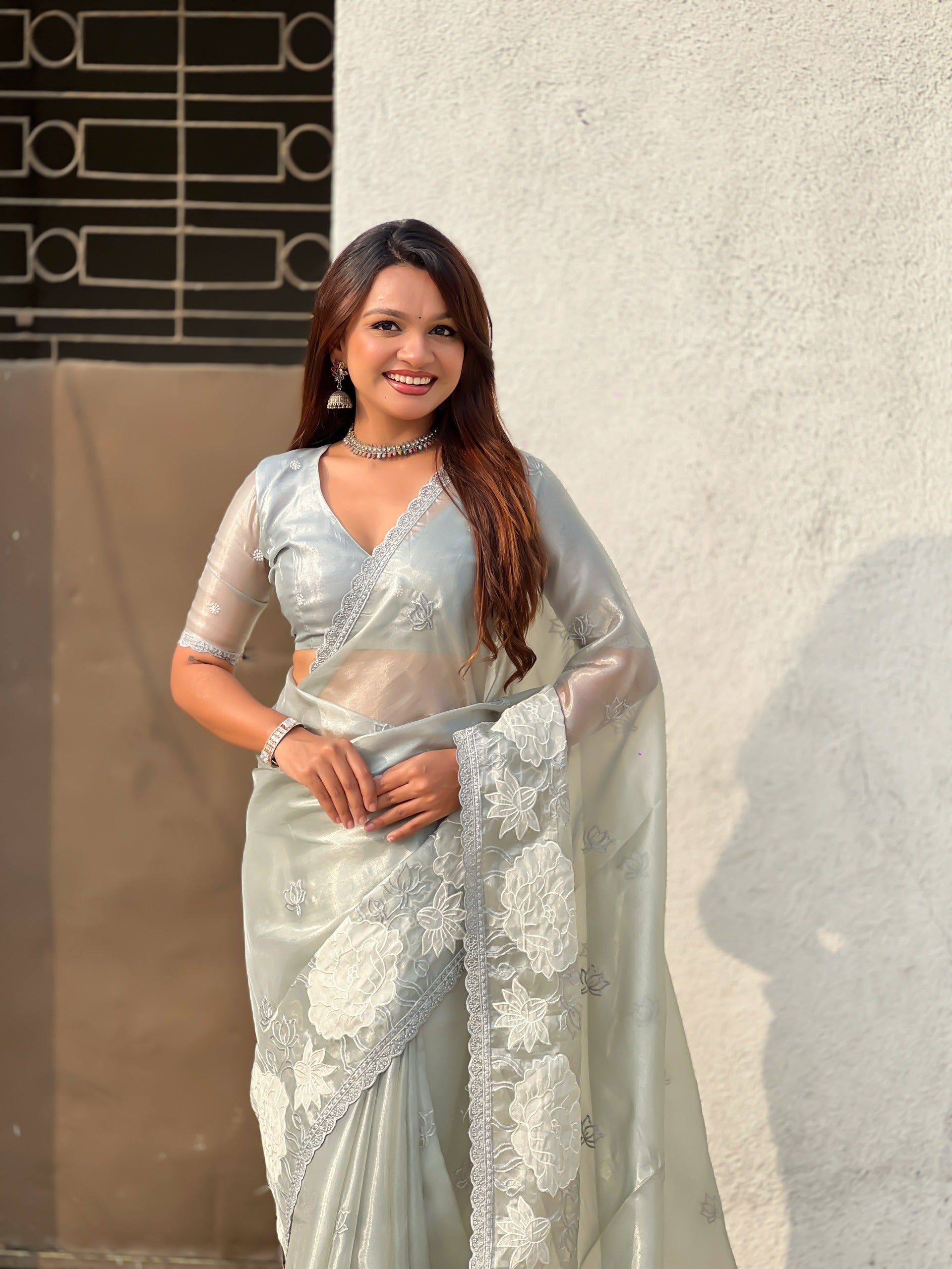 Grey Pure Oris Silk with Lotus Embroidery & Cutwork Border Saree