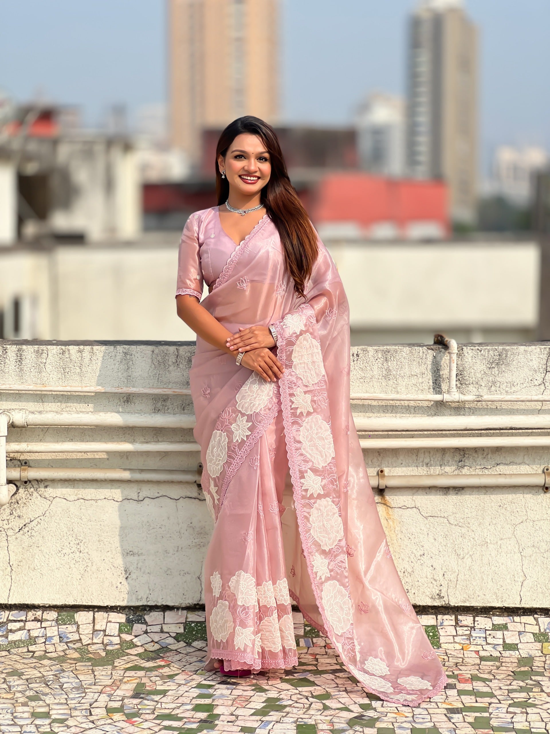 Pink Pure Oris Silk with Lotus Embroidery & Cutwork Border Saree