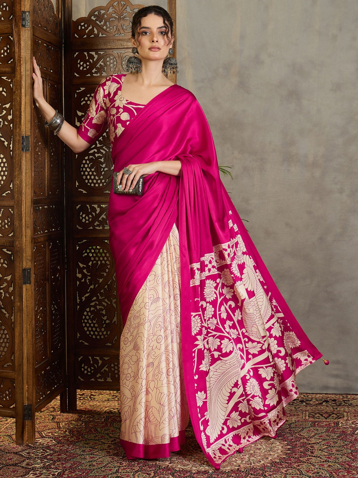 Pink Kalamkari Printed Satin Silk Saree