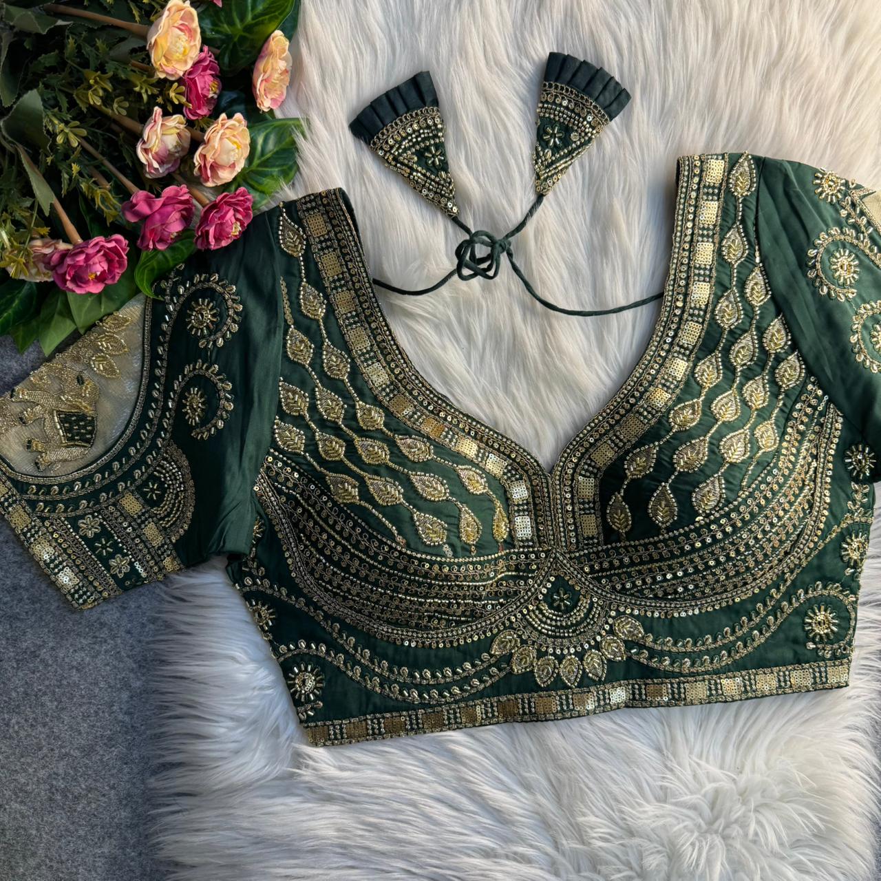 Readymade Pure Soft Roman Silk Heavy Beads Elephant Patch Work Bridal Blouse