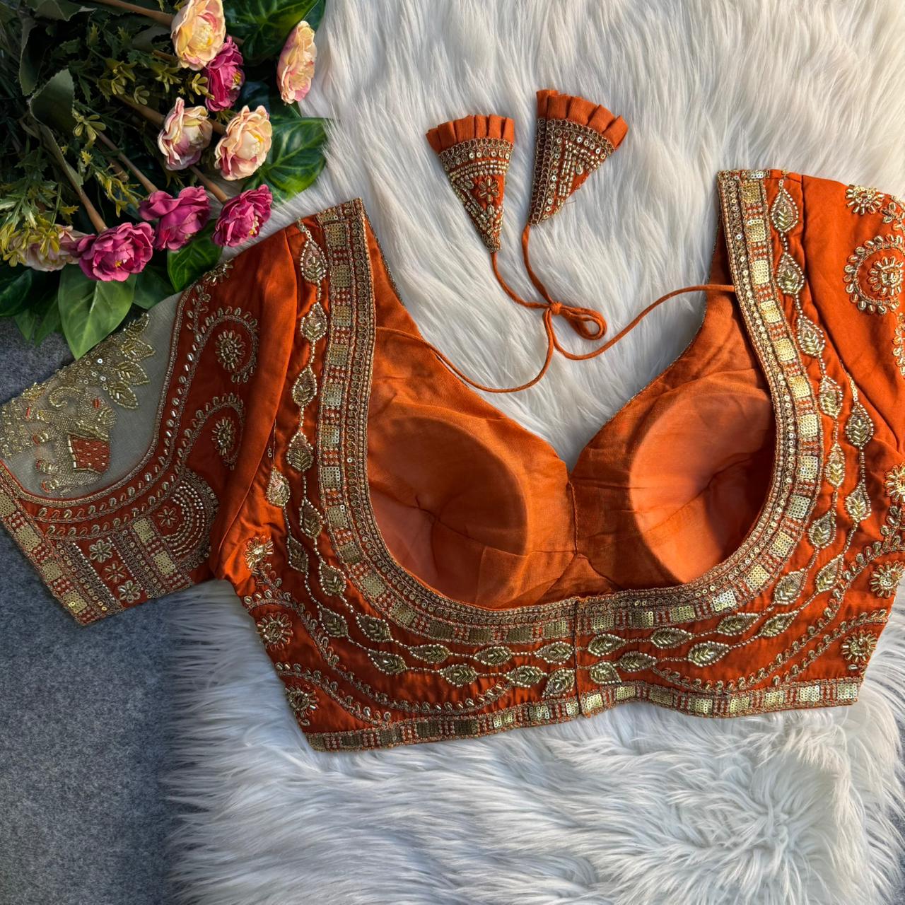 Readymade Pure Soft Roman Silk Heavy Beads Elephant Patch Work Bridal Blouse