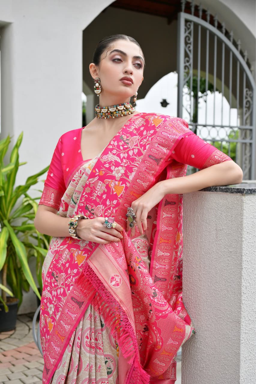 Pink Pure Soft Banarasi Silk Patola Zari Woven Saree
