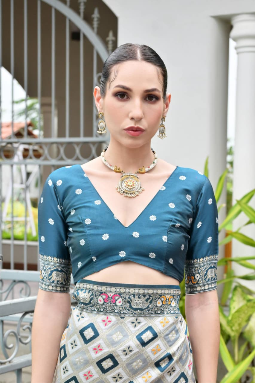 Rama Blue Pure Soft Banarasi Silk Patola Zari Woven Saree
