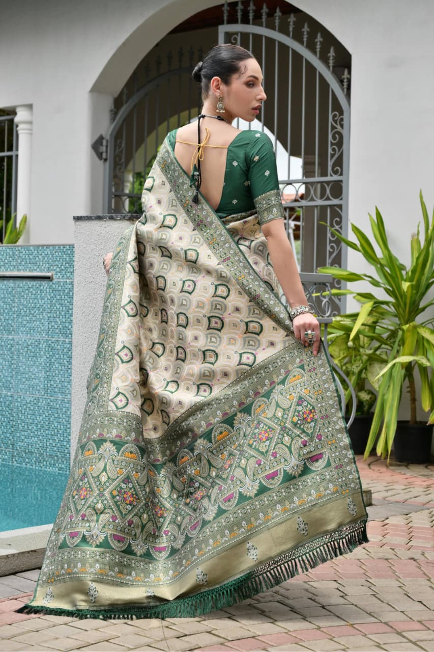 Green Pure Soft Banarasi Silk Patola Zari Woven Saree