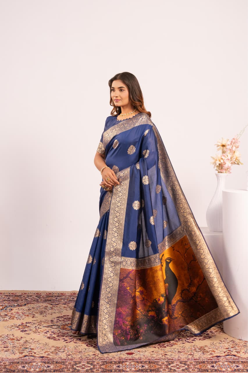 Navy Blue Pure Soft Banarasi Silk Zari Woven Saree
