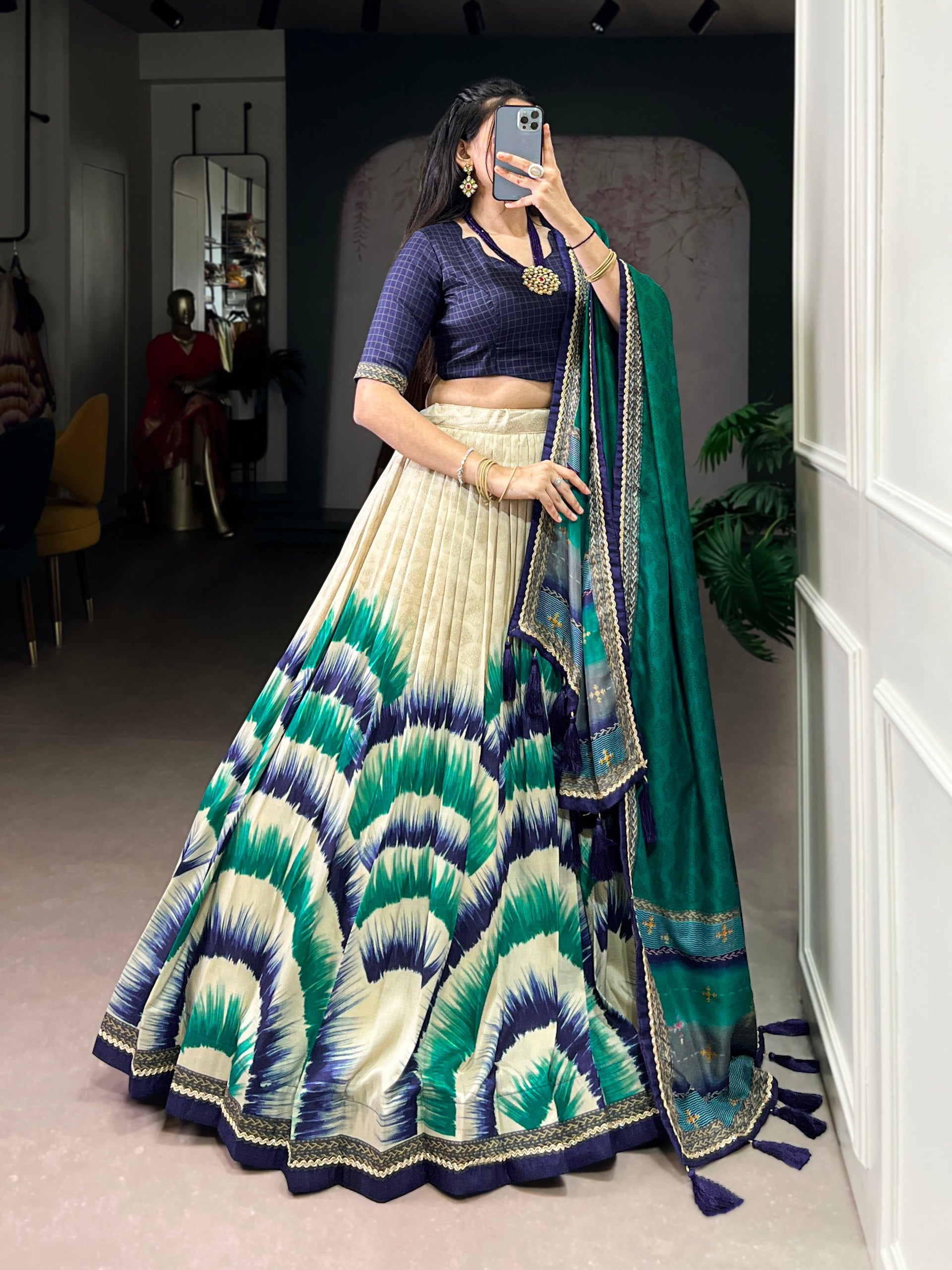 Navy Blue Color Tie And Dye Printed Tasar Silk Lehenga Choli