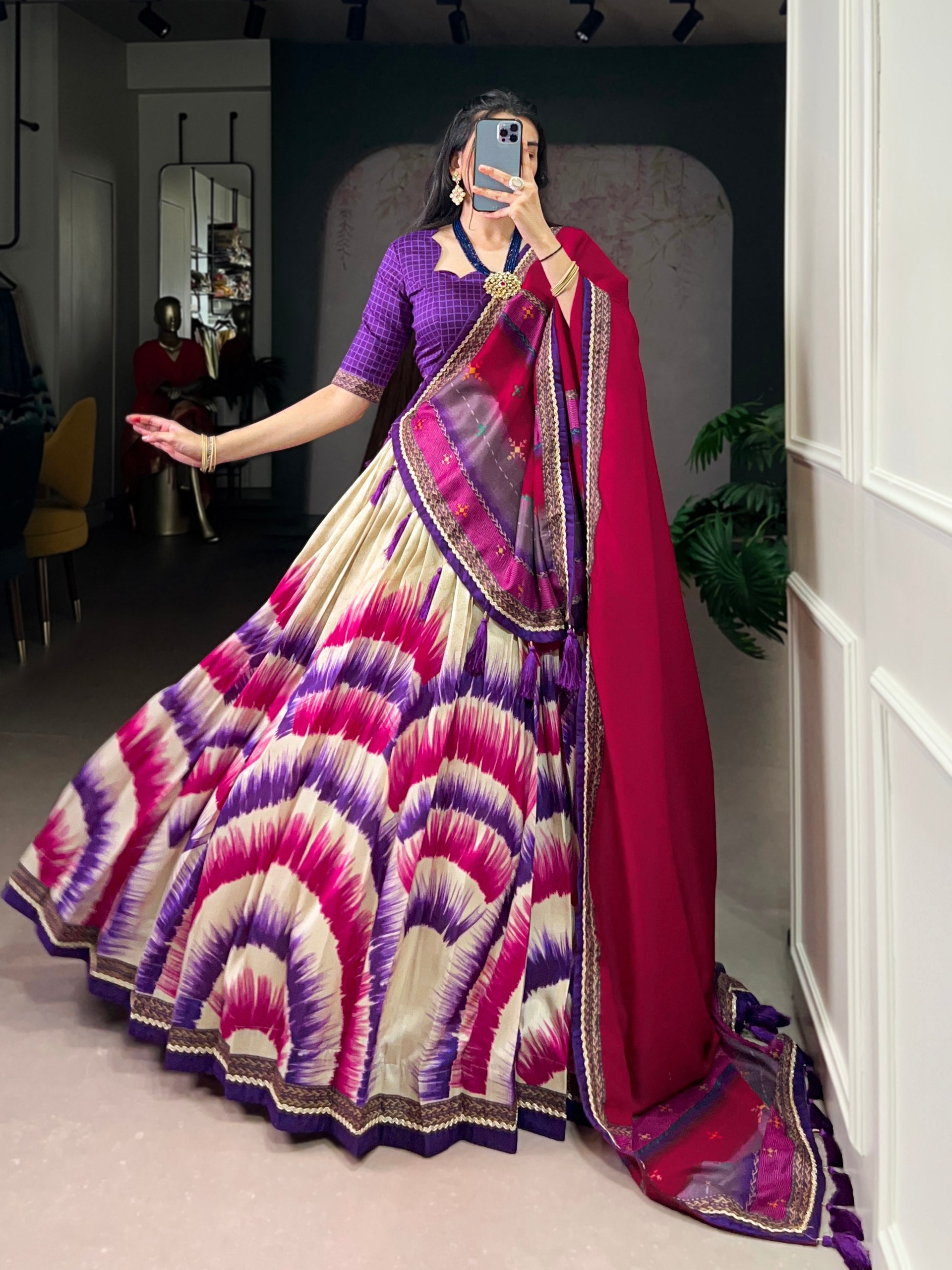 Purple Color Tie And Dye Printed Tasar Silk Lehenga Choli