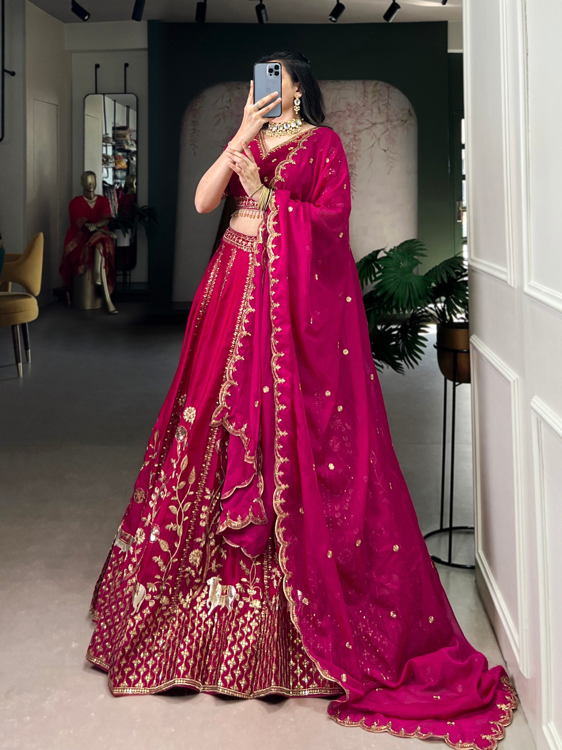 Royal Pink Natural Silk Sequins & Thread Work Chaniya Choli