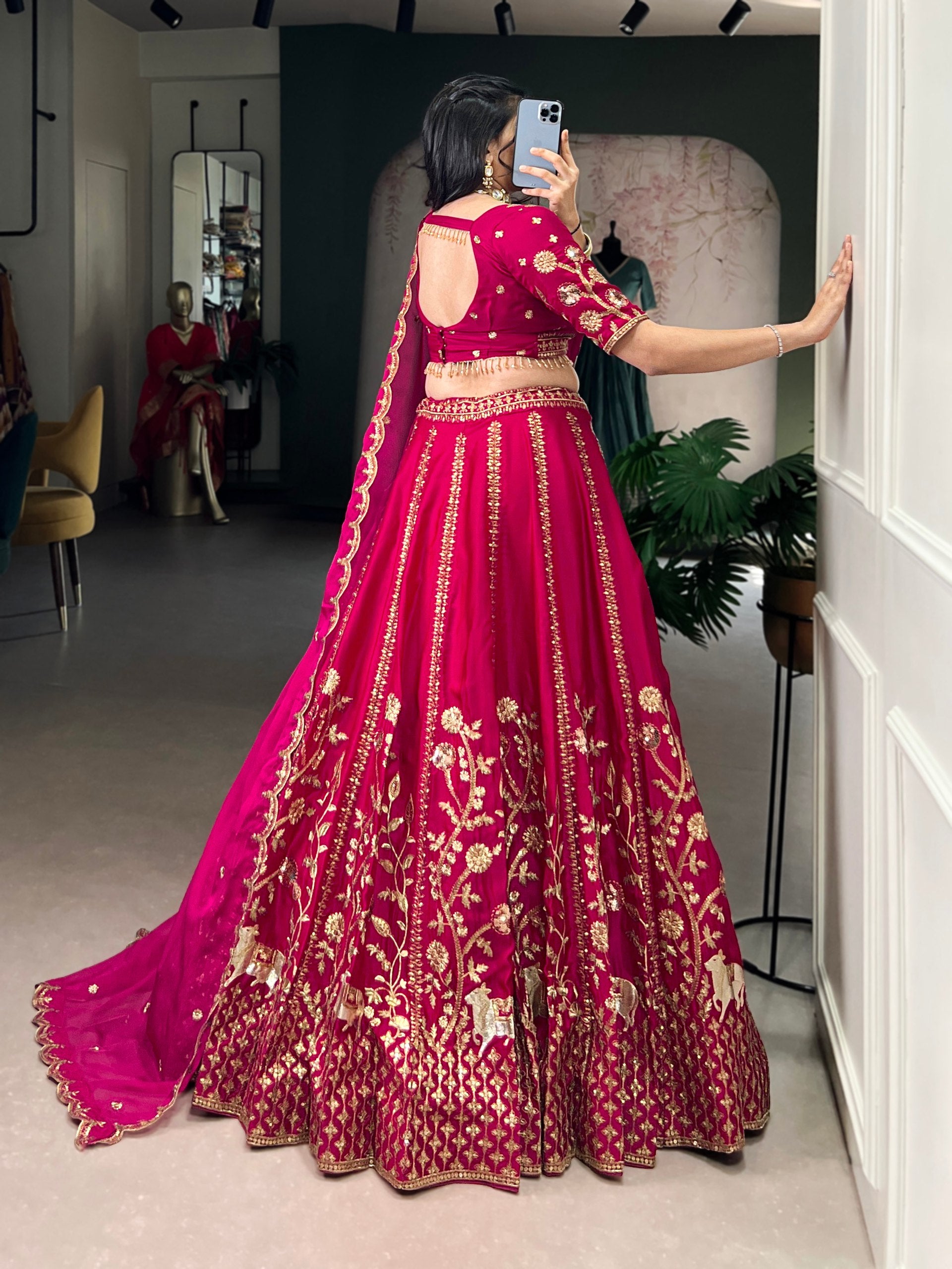 Royal Pink Natural Silk Sequins & Thread Work Chaniya Choli
