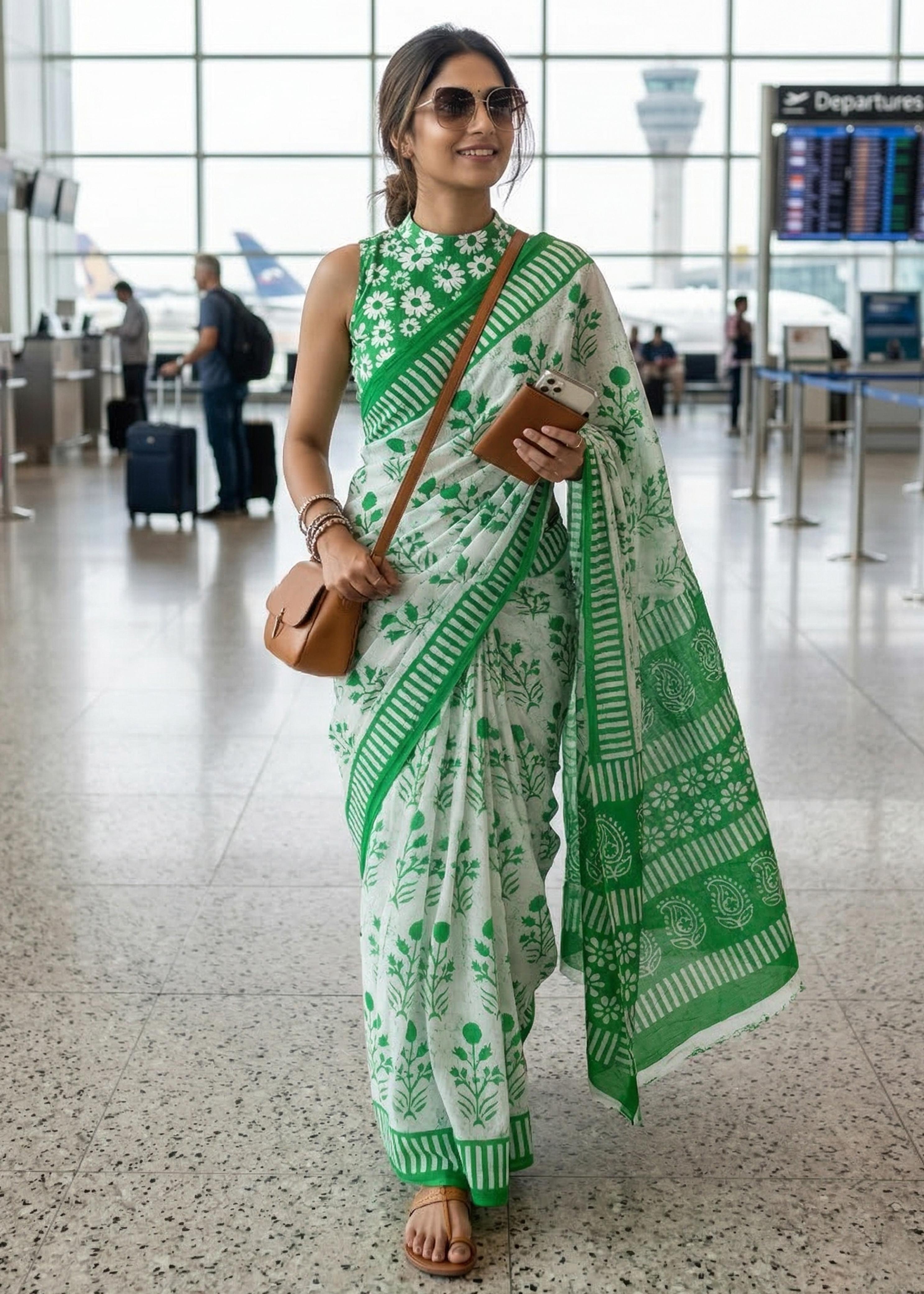 Green Pure Soft Mulmul Cotton Ajrakh Hand Block Print Cotton Saree