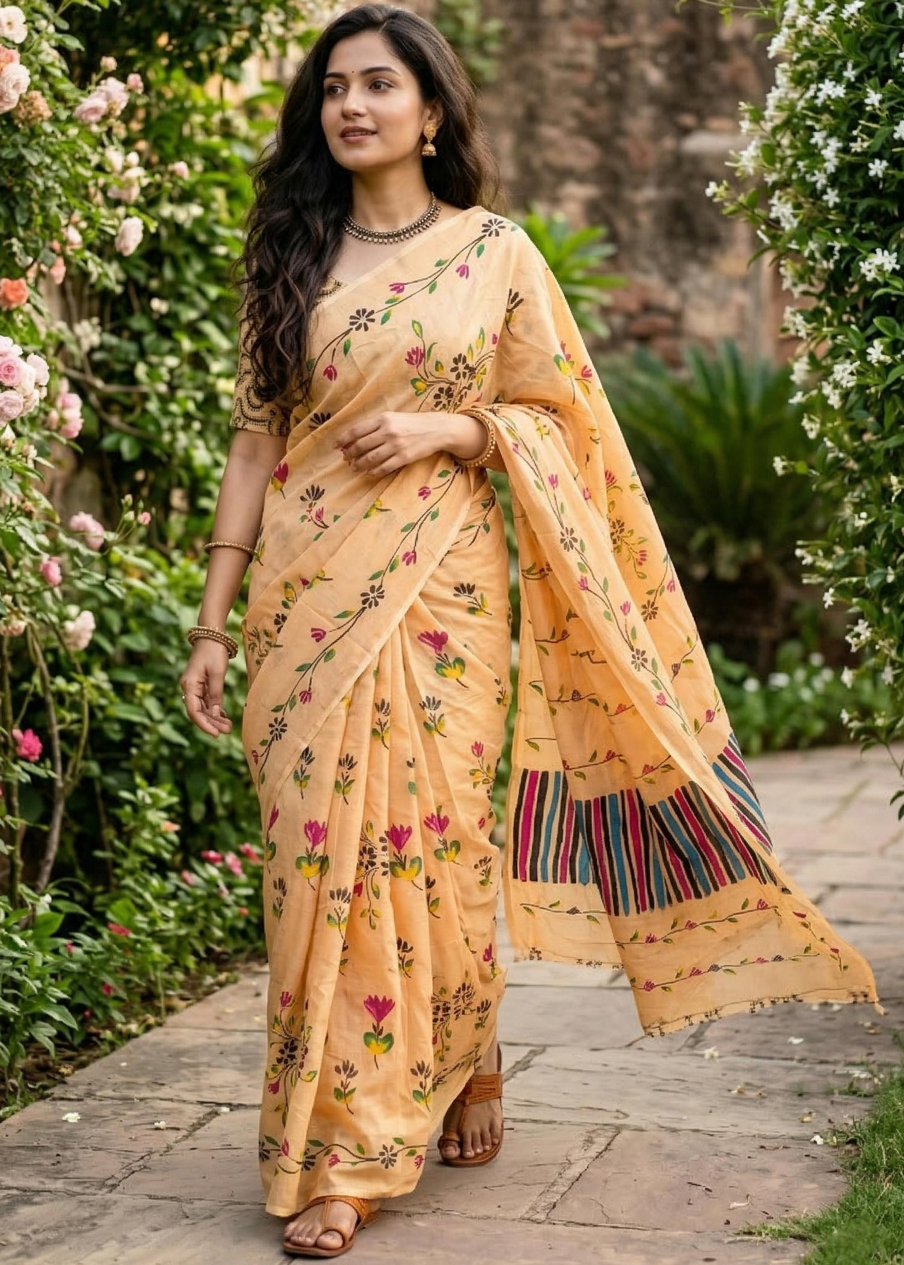 Mustard Pure Soft Mulmul Cotton Floral Print Cotton Saree
