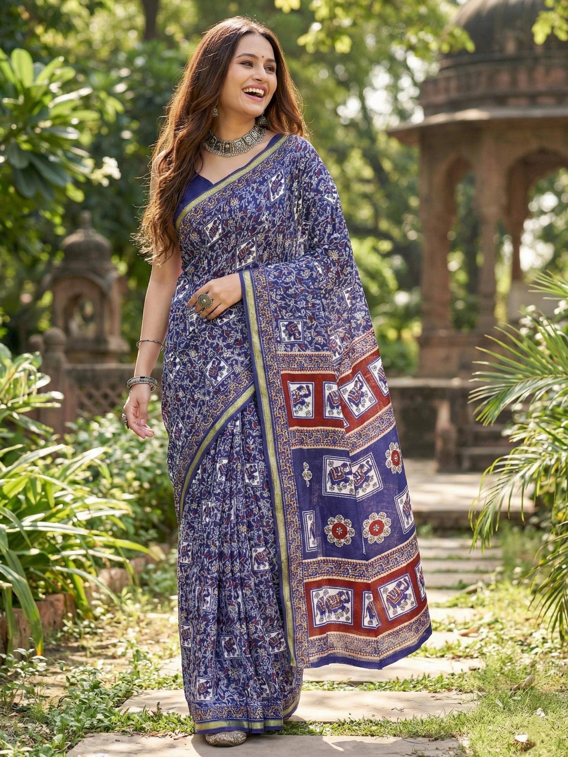 Blue Pure Soft Mulmul Cotton Bagru Block Print Cotton Saree