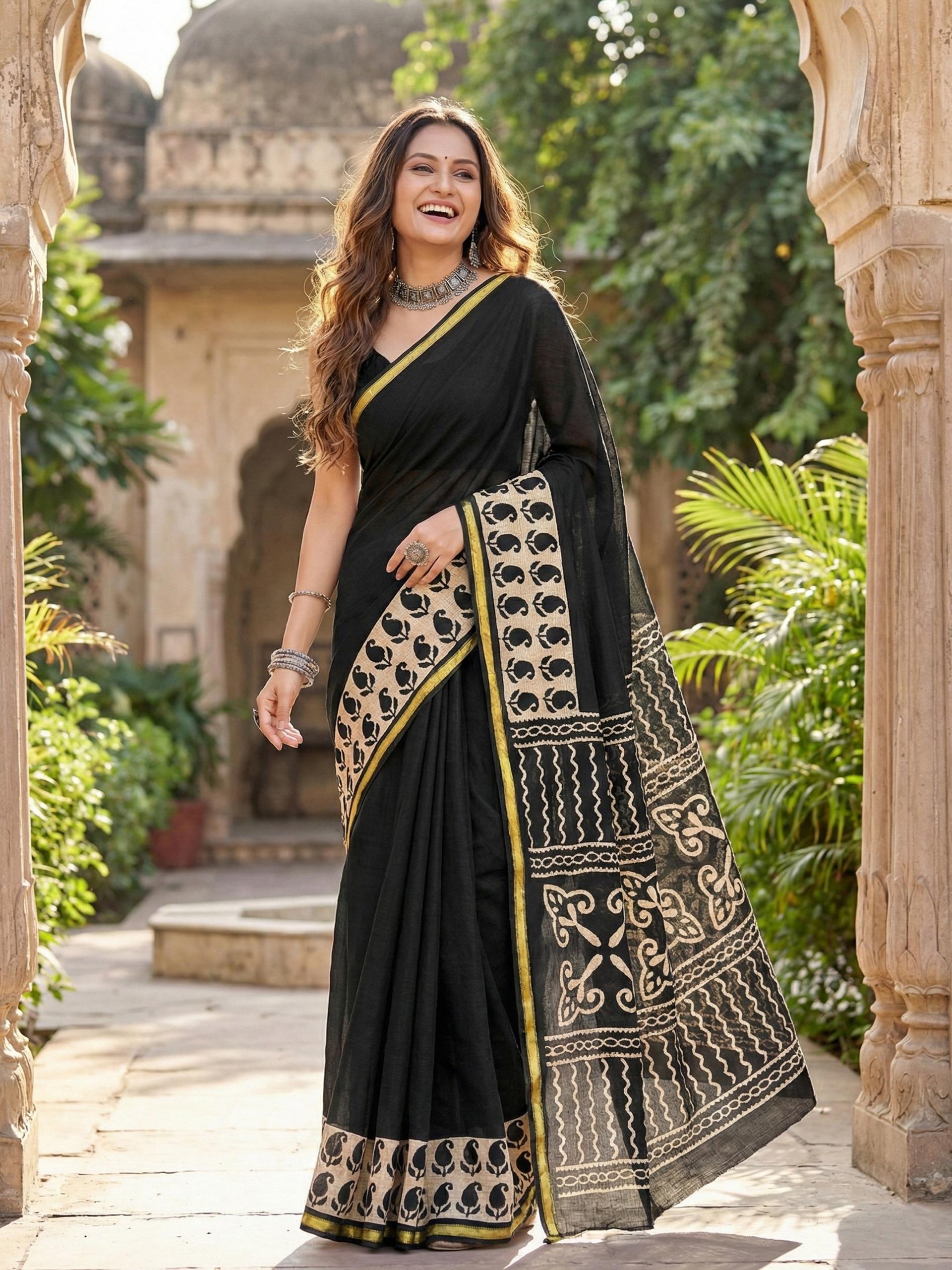 Black Pure Soft Mulmul Cotton Bagru Block Print Cotton Saree