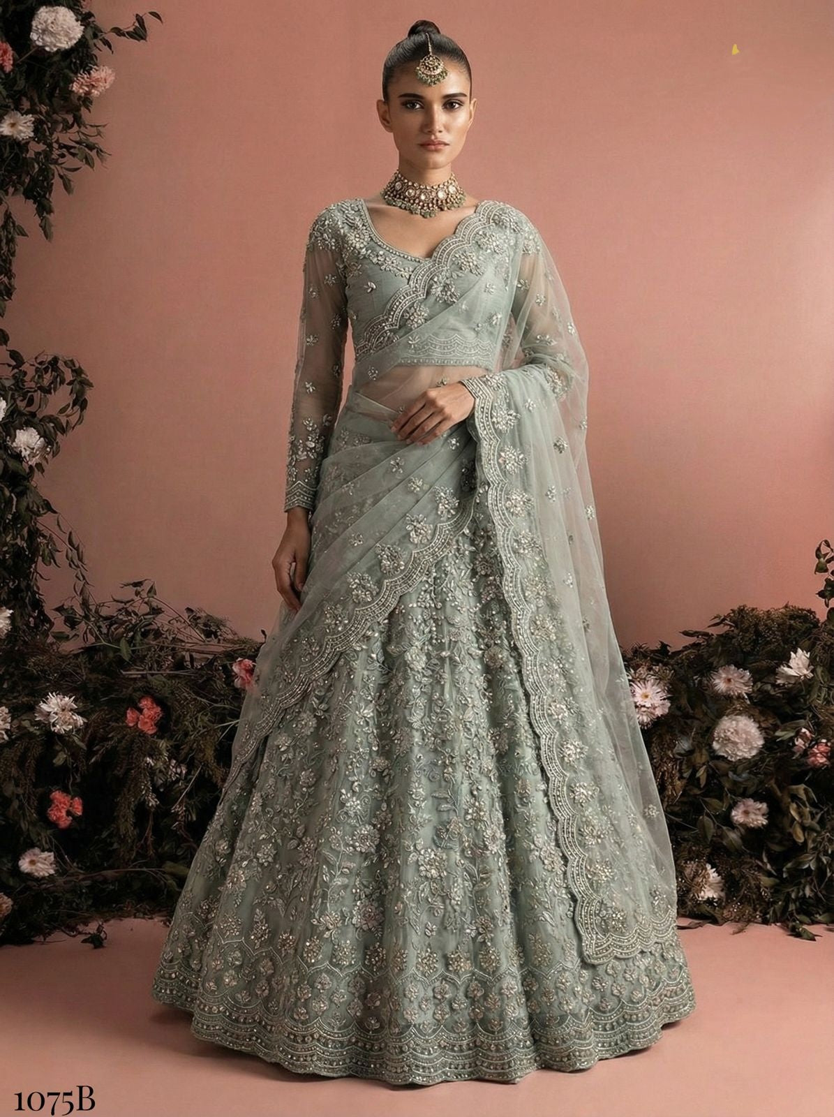 Grey Pure Soft Heavy Net Sequins Embroidery Work Bridal Lehenga Choli