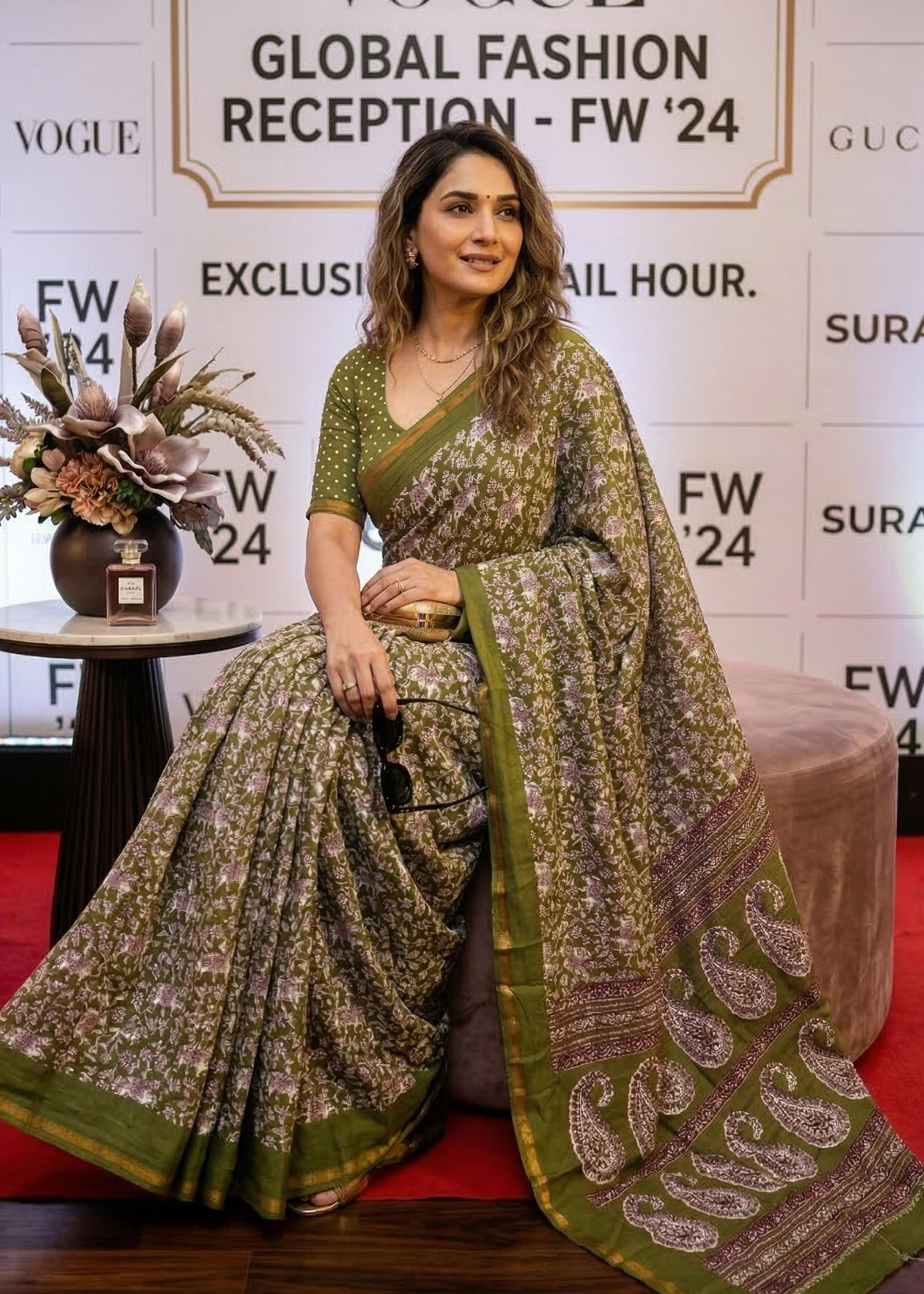 Green Pure Soft Mulmul Cotton Bagru Block Print Cotton Saree