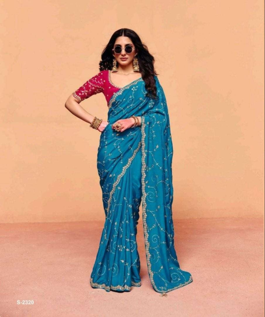 Blue Pure Organza Satin With Sequins Heavy Embroidery Work Organza Saree