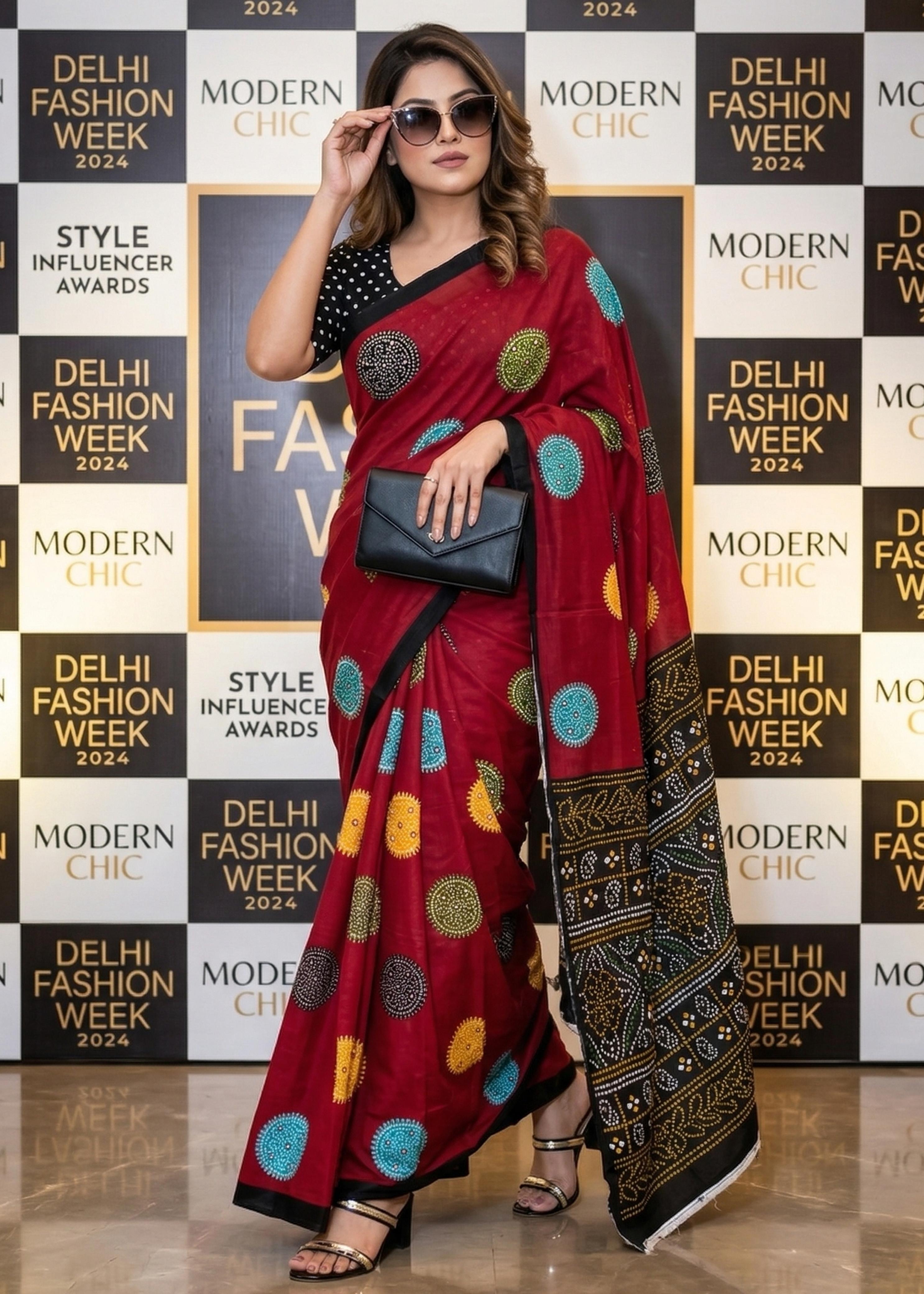 Red Pure Soft Mulmul Cotton Bandhani Block Printed Cotton Saree