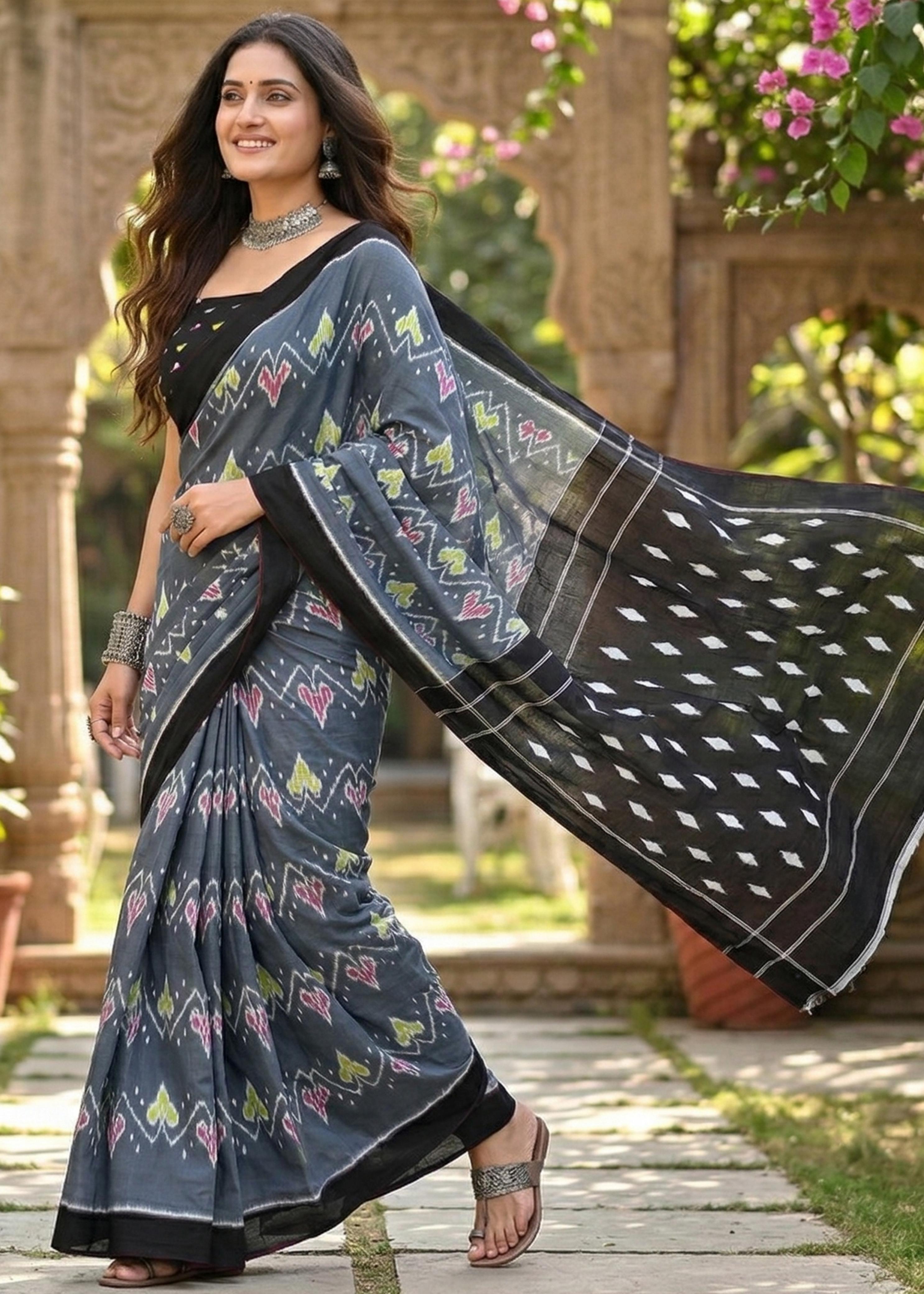 Black Pure Soft Mulmul Cotton Ikkat Printed Cotton Saree