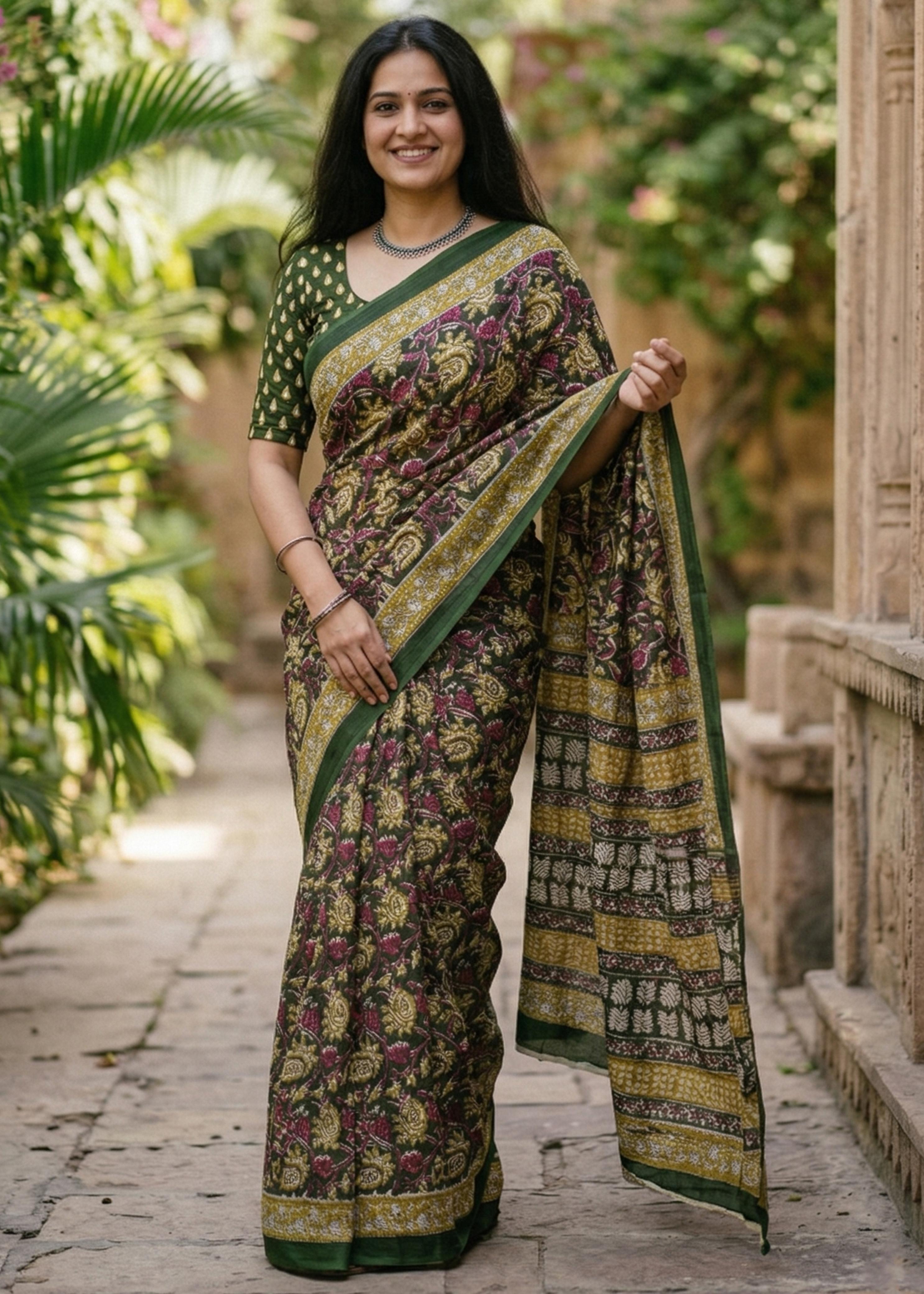 Green Pure Soft Mulmul Cotton Hand Block Printed Cotton Saree