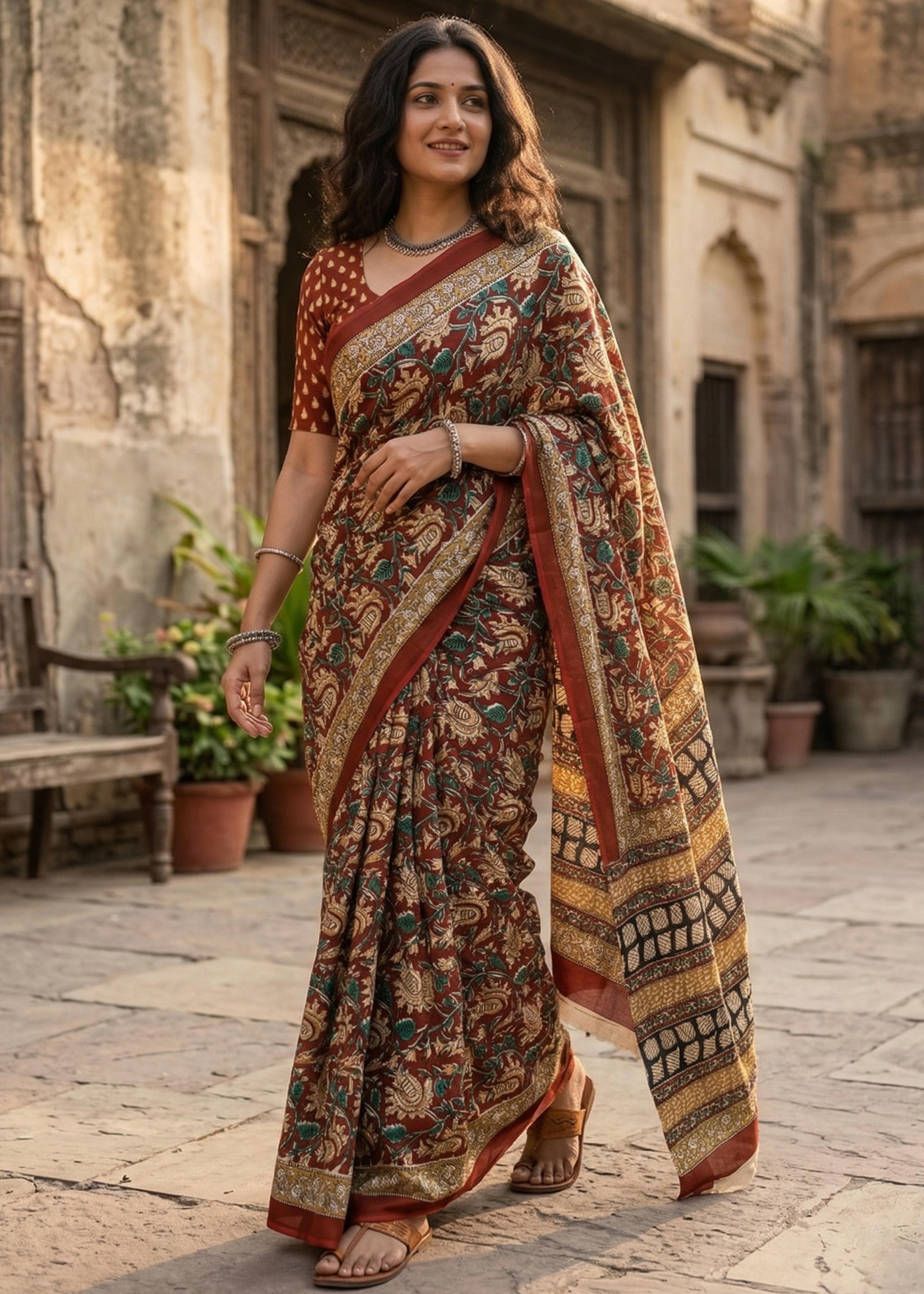 Brown Pure Soft Mulmul Cotton Hand Block Printed Cotton Saree