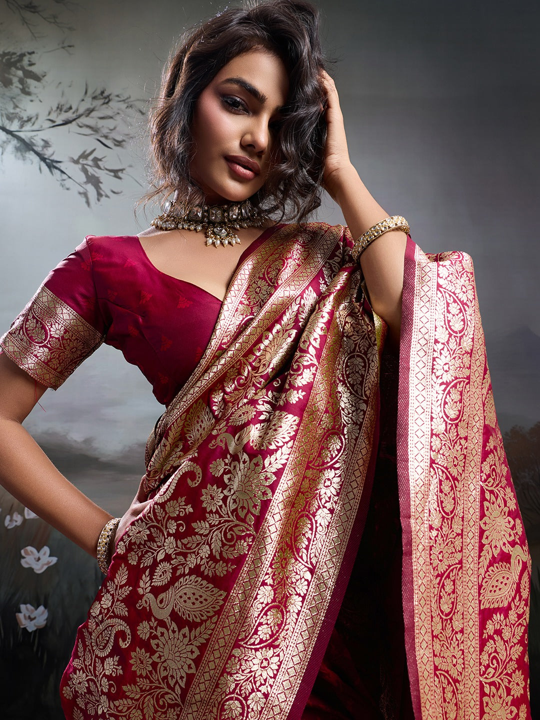 Red Banarasi Rajwada Silk Blend With Zari Work Saree
