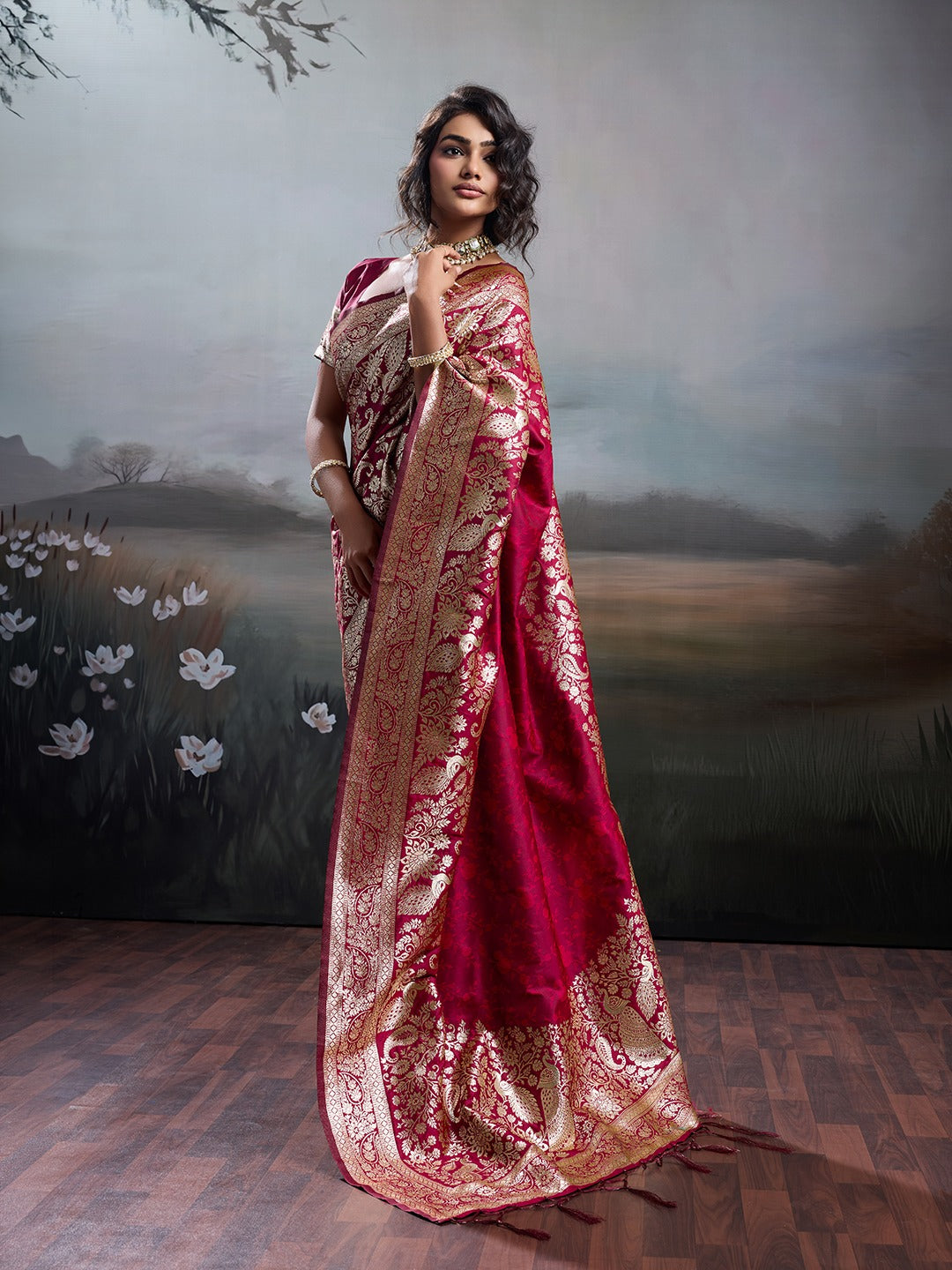 Red Banarasi Rajwada Silk Blend With Zari Work Saree