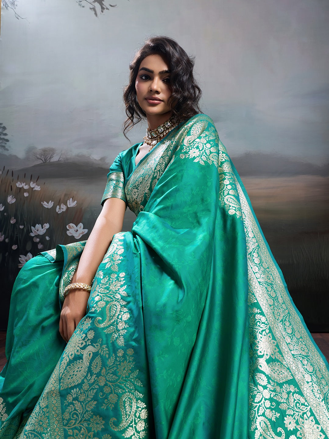 Rama Banarasi Rajwada Silk Blend With Zari Work Saree