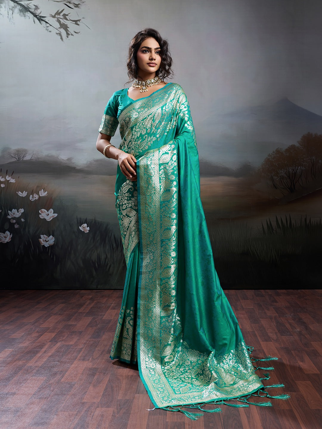 Rama Banarasi Rajwada Silk Blend With Zari Work Saree