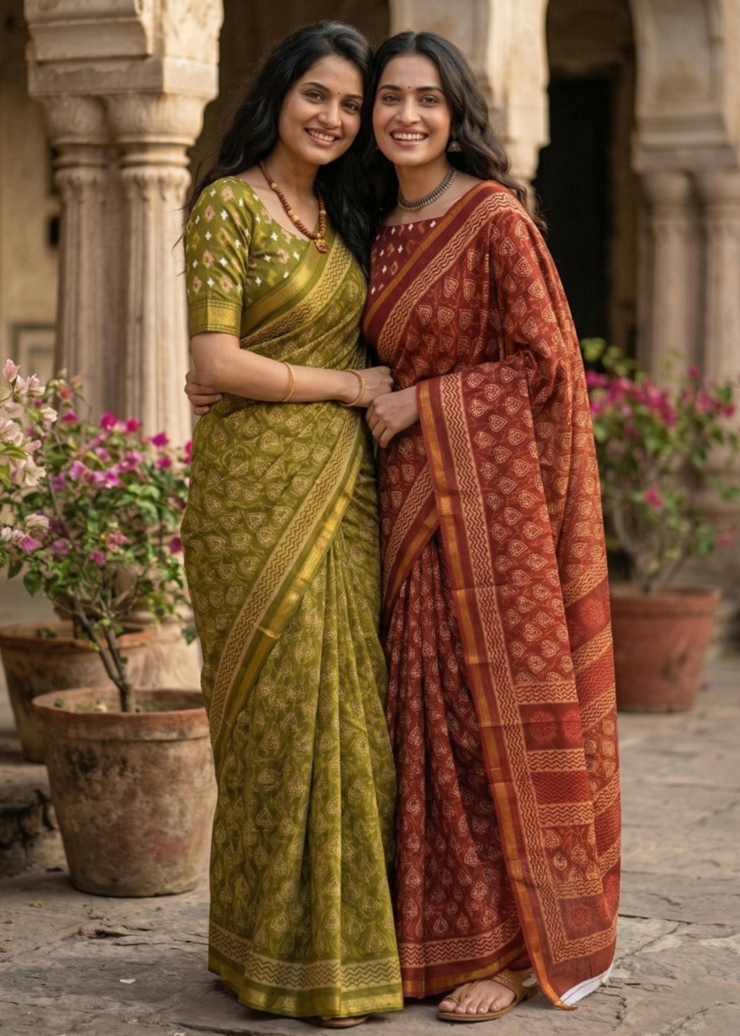 Mahendi Pure Muslin Cotton Bagru Block Print Cotton Saree
