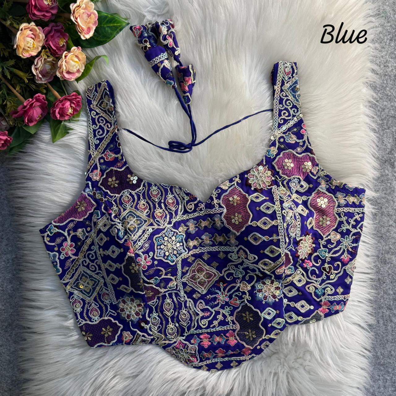 Blue Pure Soft Italian Silk Fox Heavy Sequins Thred Work Blouse