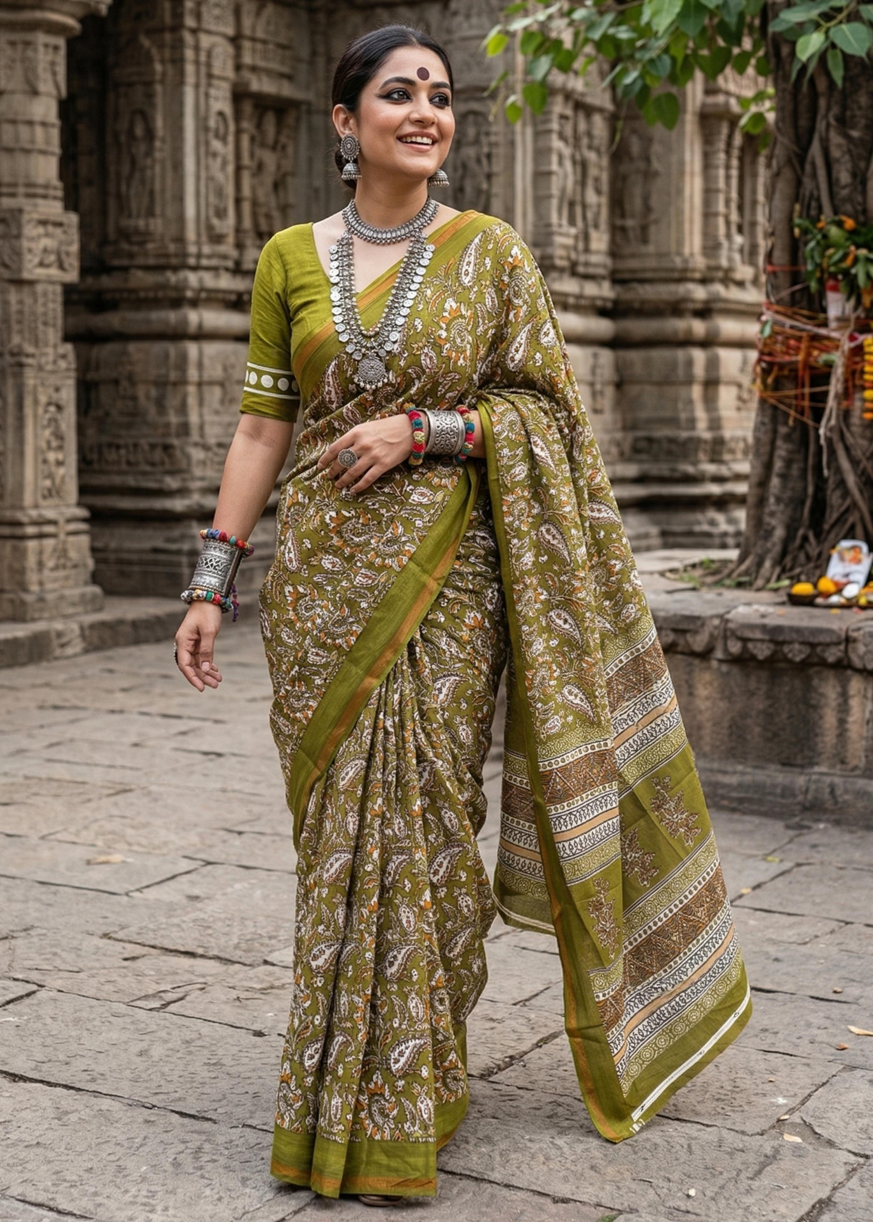 Green Pure Muslin Cotton Bagru Block Print Cotton Saree