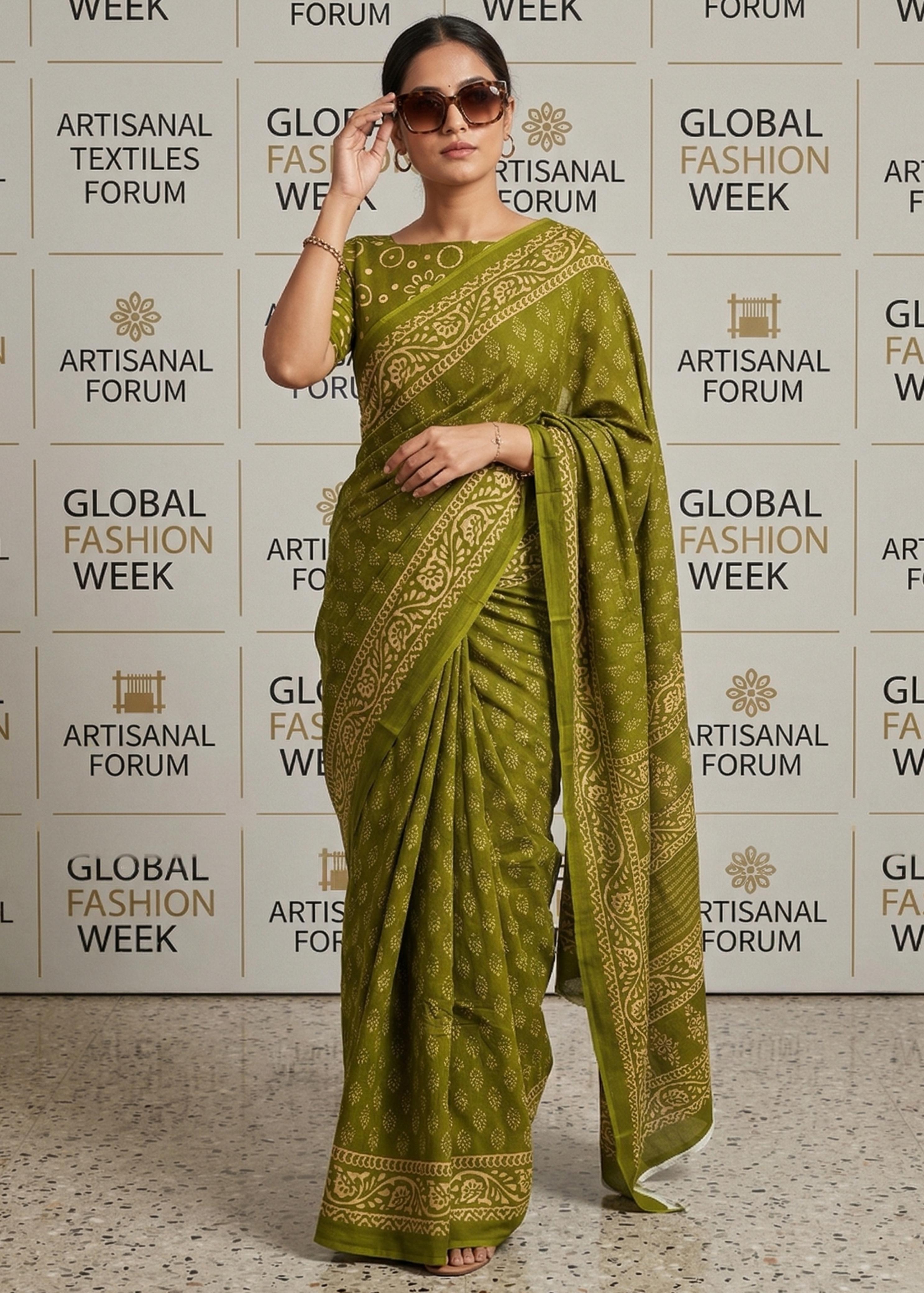Green Pure MulMul Cotton Bagru Print Cotton Saree