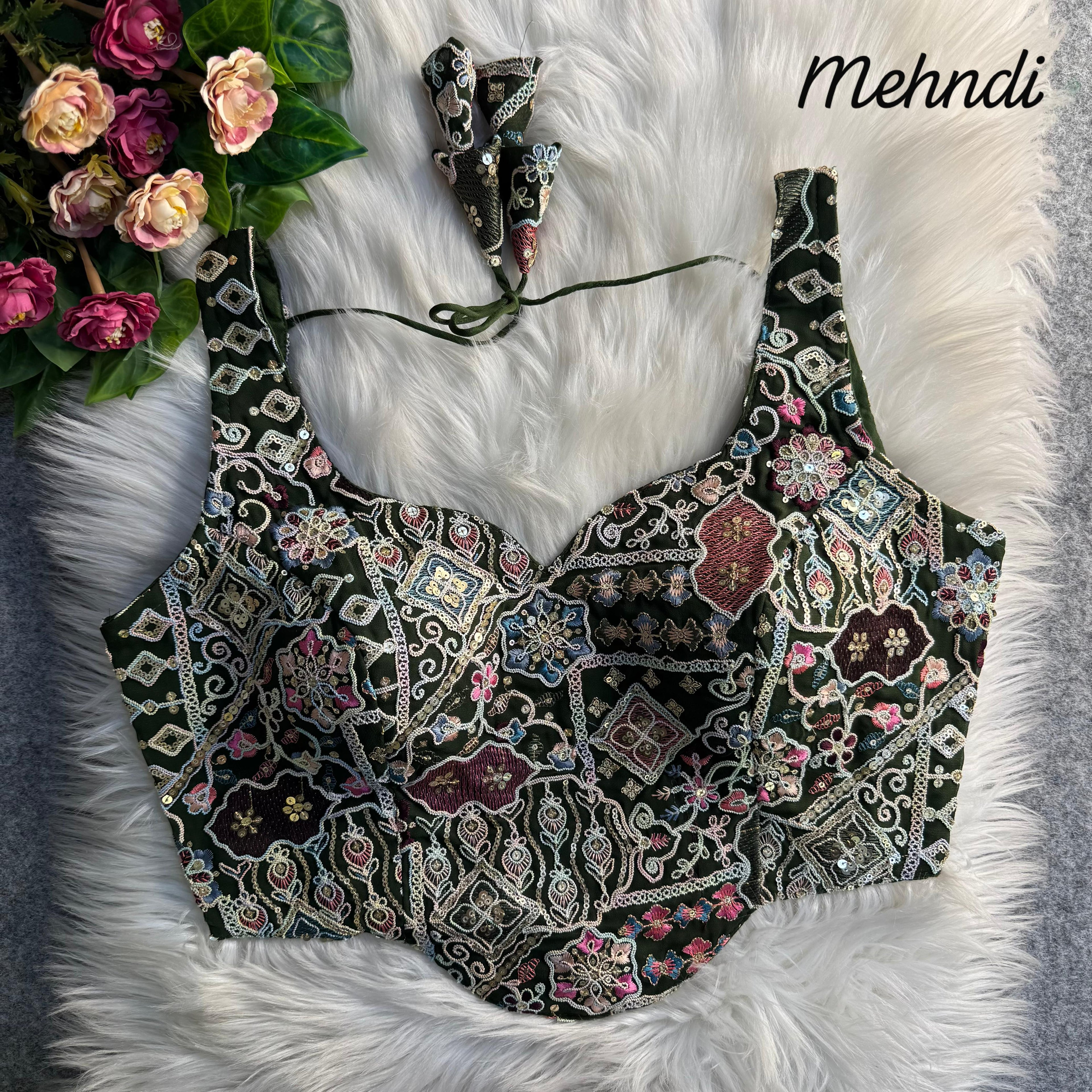 Mahendi Pure Soft Italian Silk Fox Heavy Sequins Thred Work Blouse